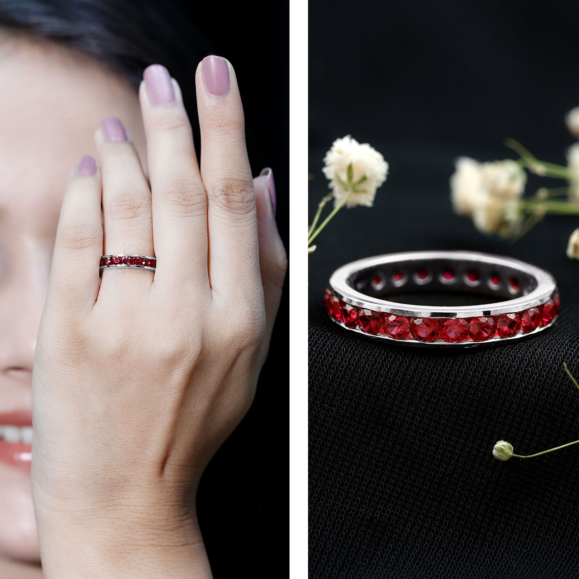 Round Created Ruby Full Eternity Ring in Channel Setting AAAA - Rosec Jewels