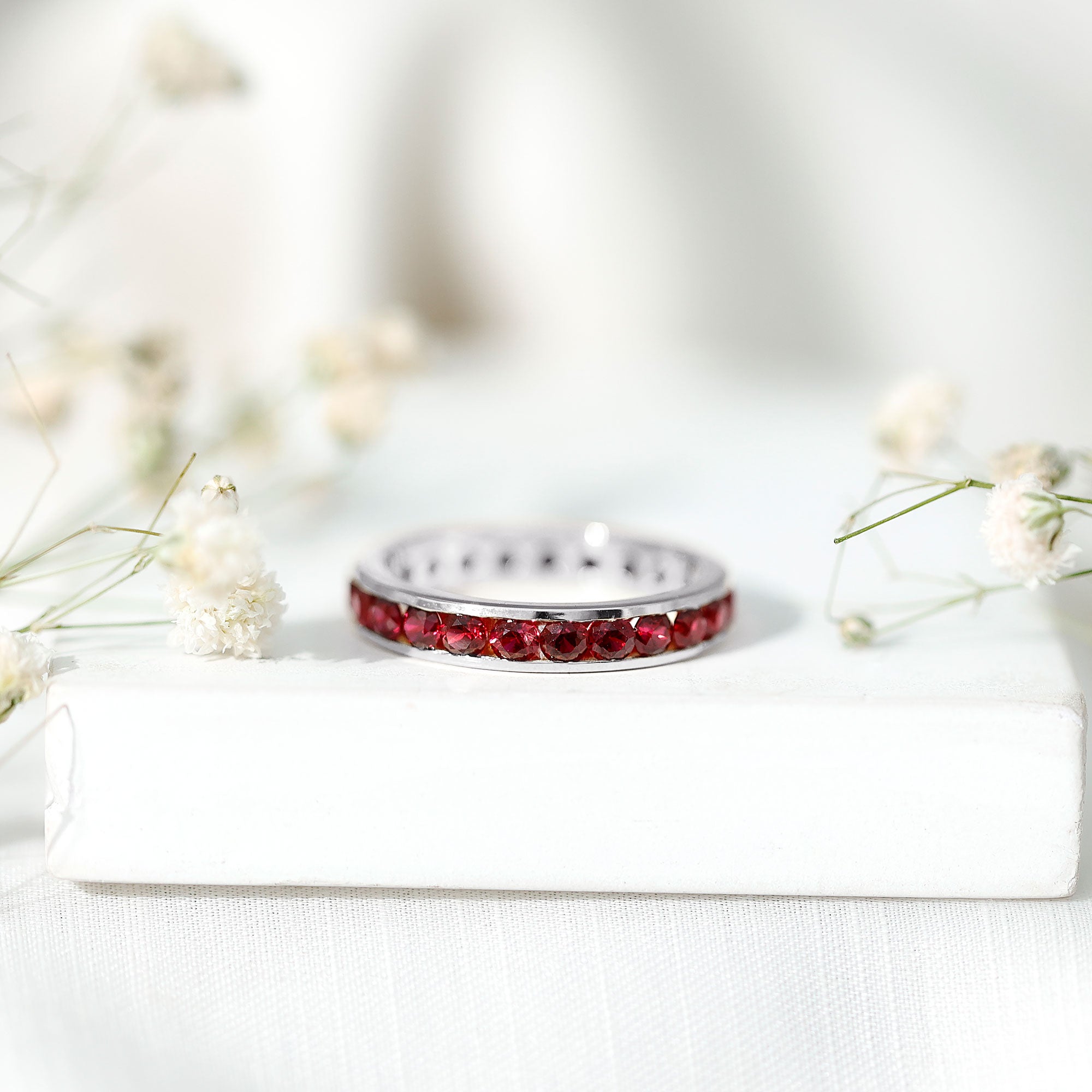 Round Created Ruby Full Eternity Ring in Channel Setting AAAA - Rosec Jewels