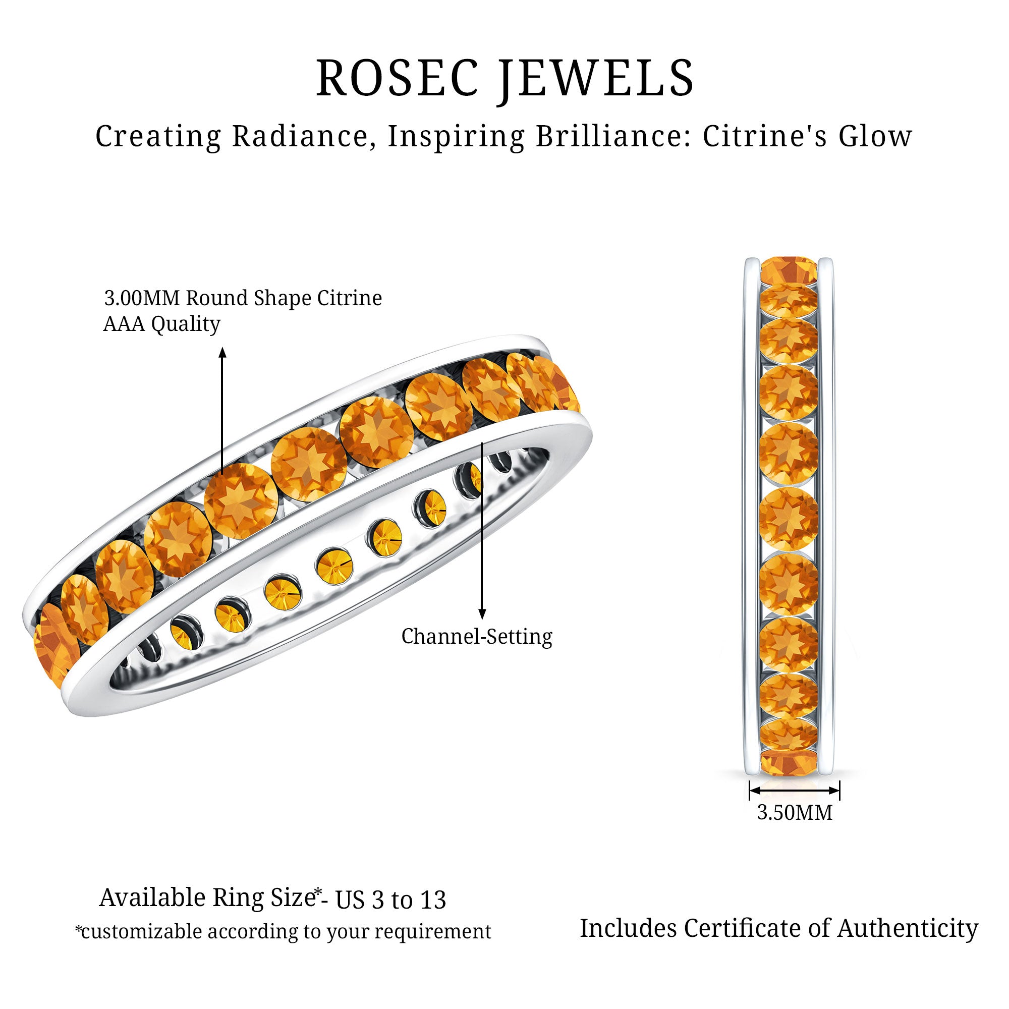 Natural Citrine Channel Set Eternity Ring for Anniversary AAA - Rosec Jewels