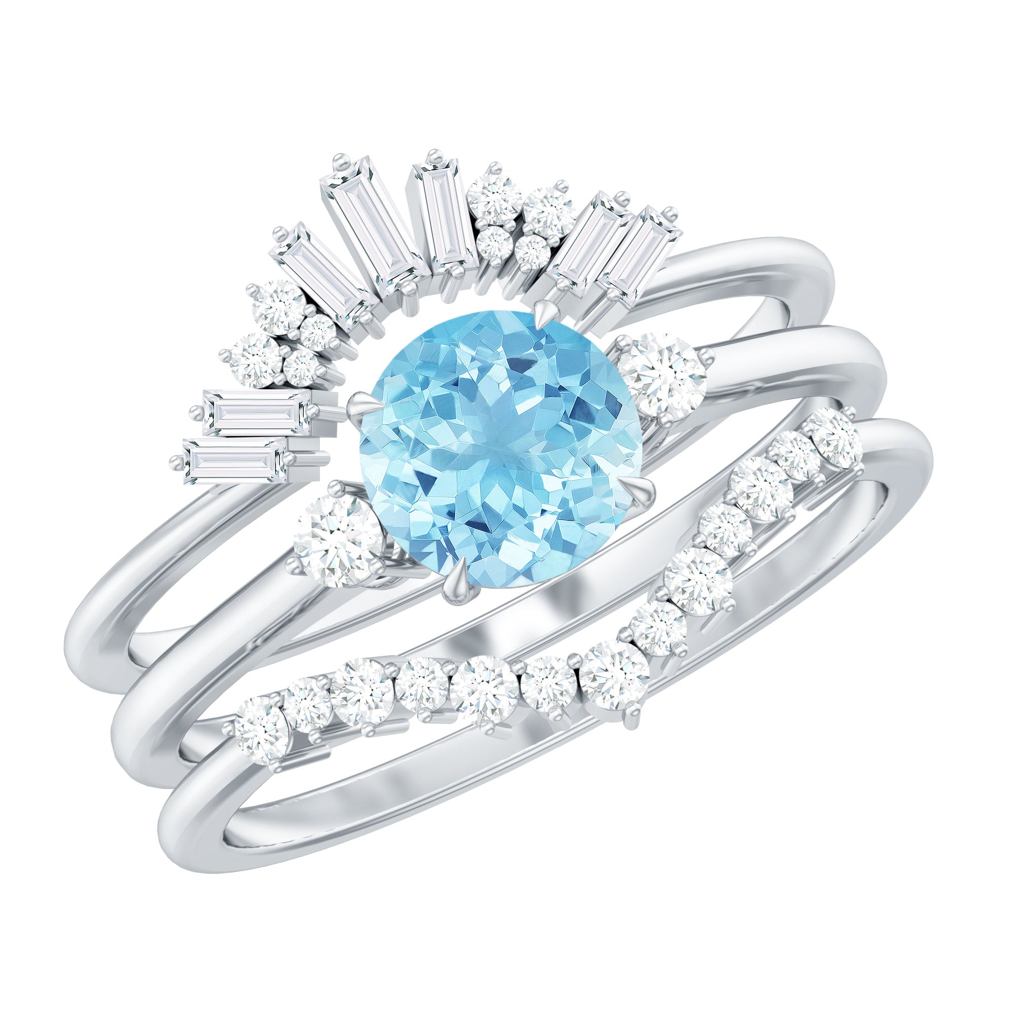 Real Aquamarine Designer Trio Wedding Ring Set with Diamond AAA - Rosec Jewels