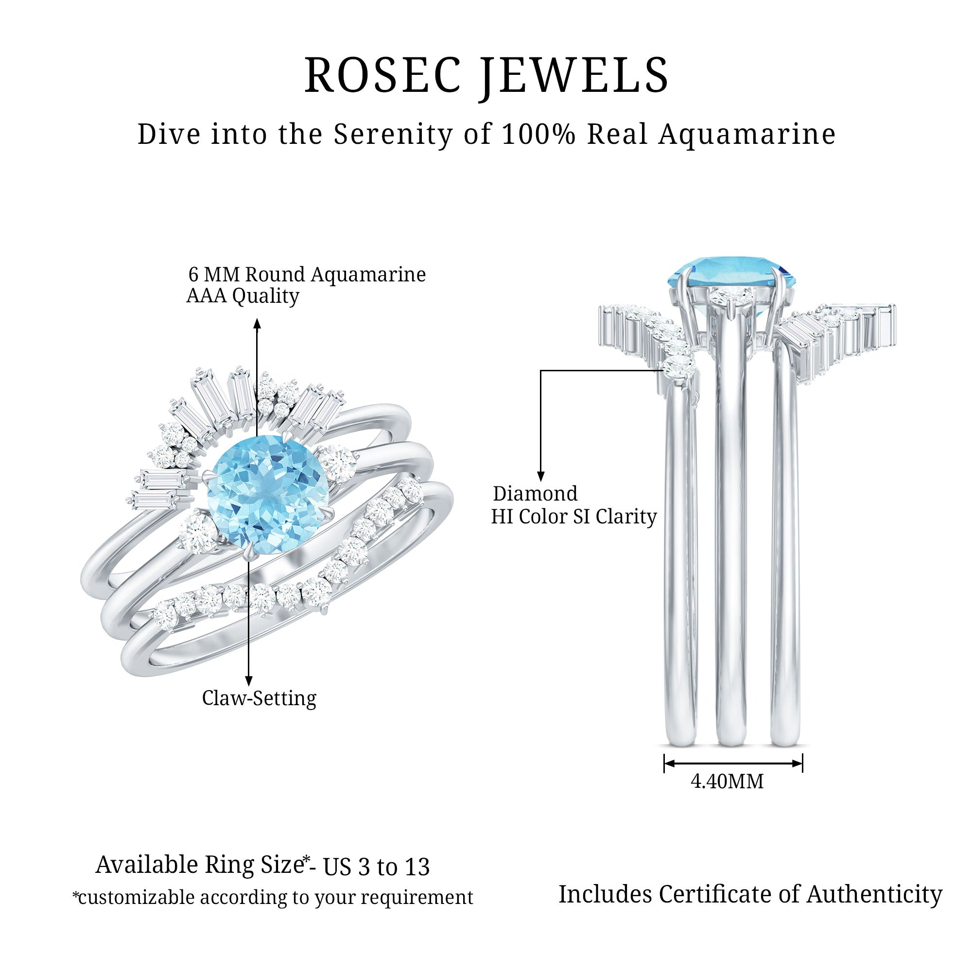 Real Aquamarine Designer Trio Wedding Ring Set with Diamond AAA - Rosec Jewels