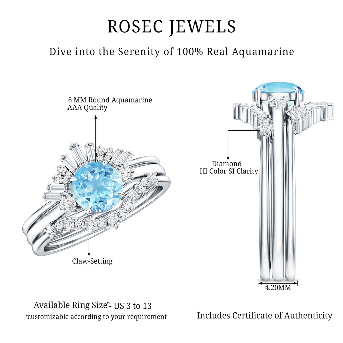 Real Aquamarine Designer Trio Wedding Ring Set with Diamond AAA - Rosec Jewels