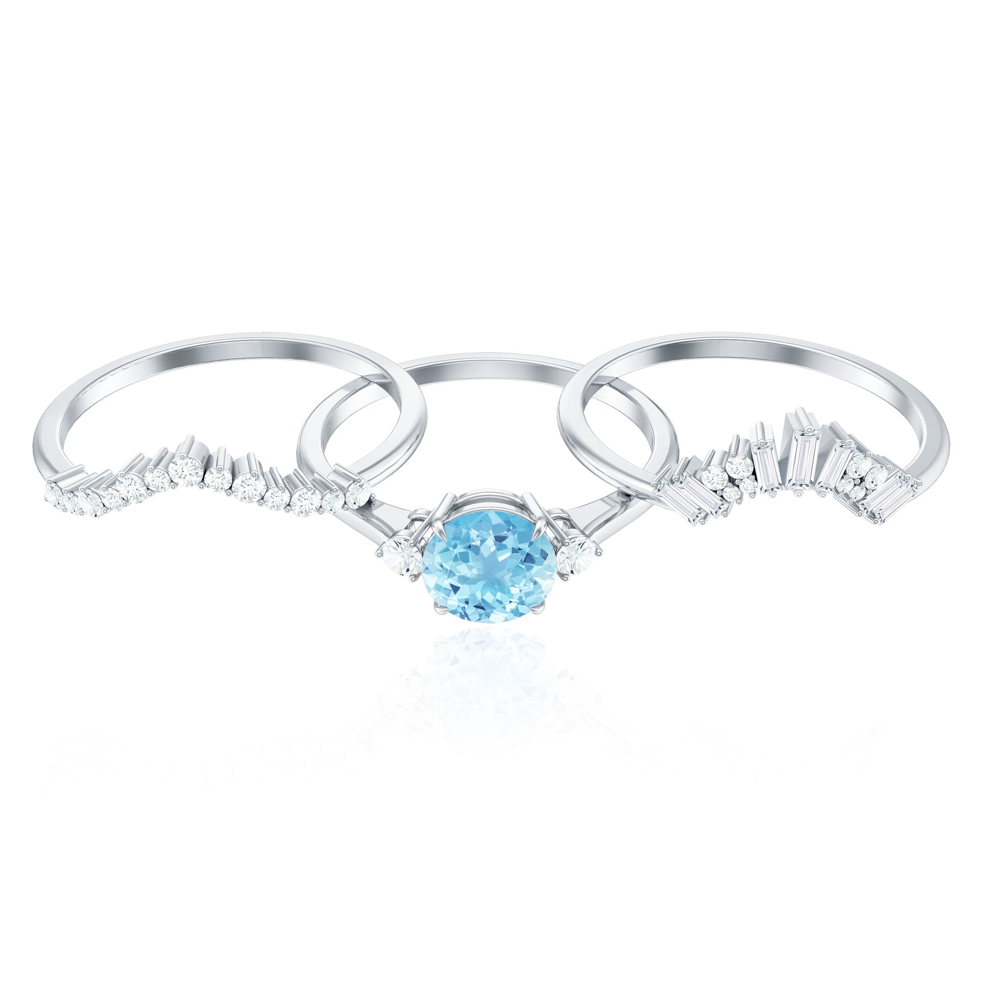 Real Aquamarine Designer Trio Wedding Ring Set with Diamond AAA - Rosec Jewels