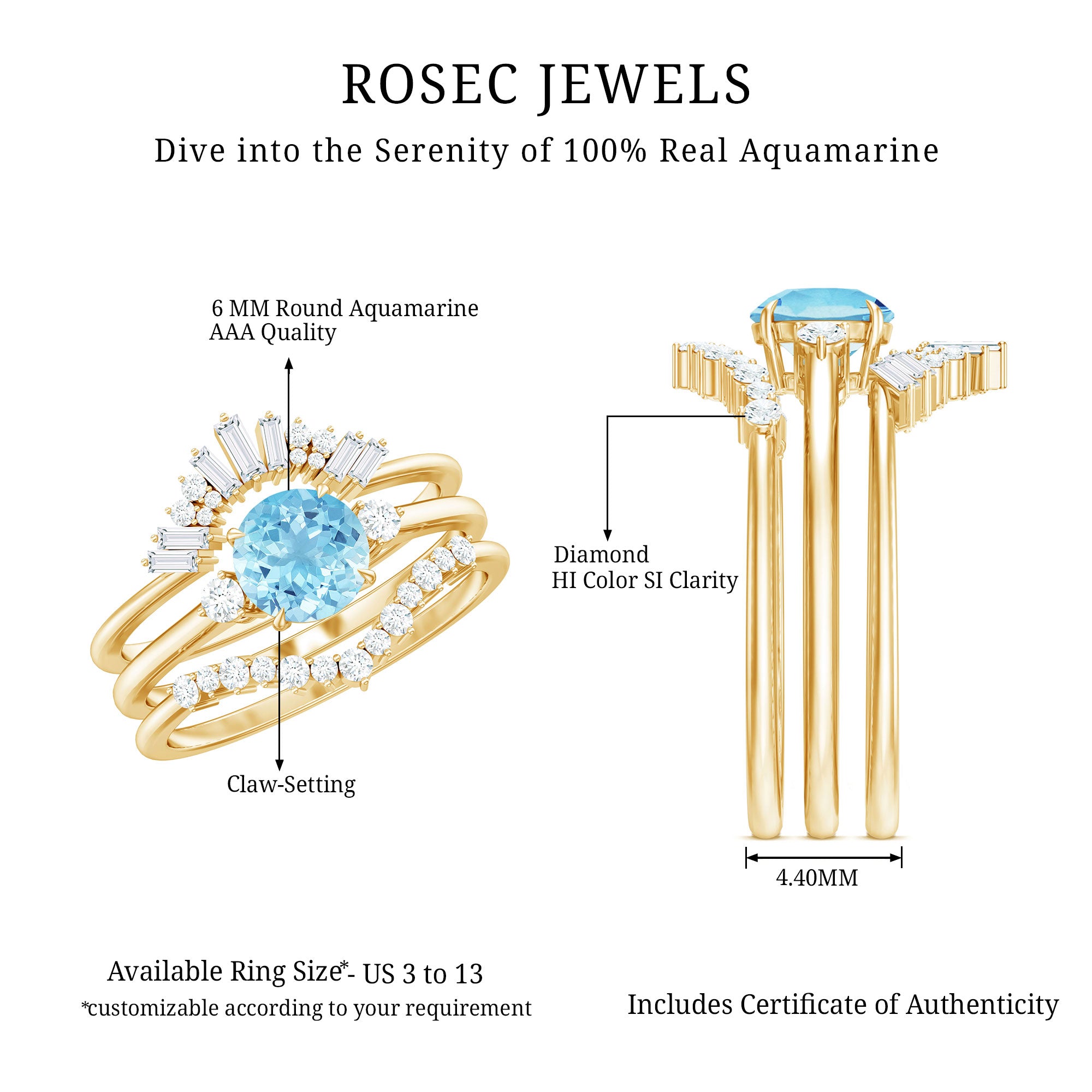 Real Aquamarine Designer Trio Wedding Ring Set with Diamond AAA - Rosec Jewels