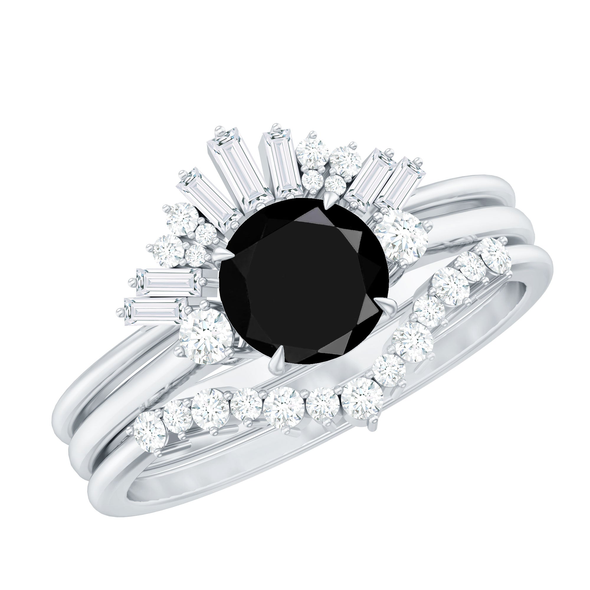 Round Black Spinel Designer Trio Wedding Ring Set with Moissanite