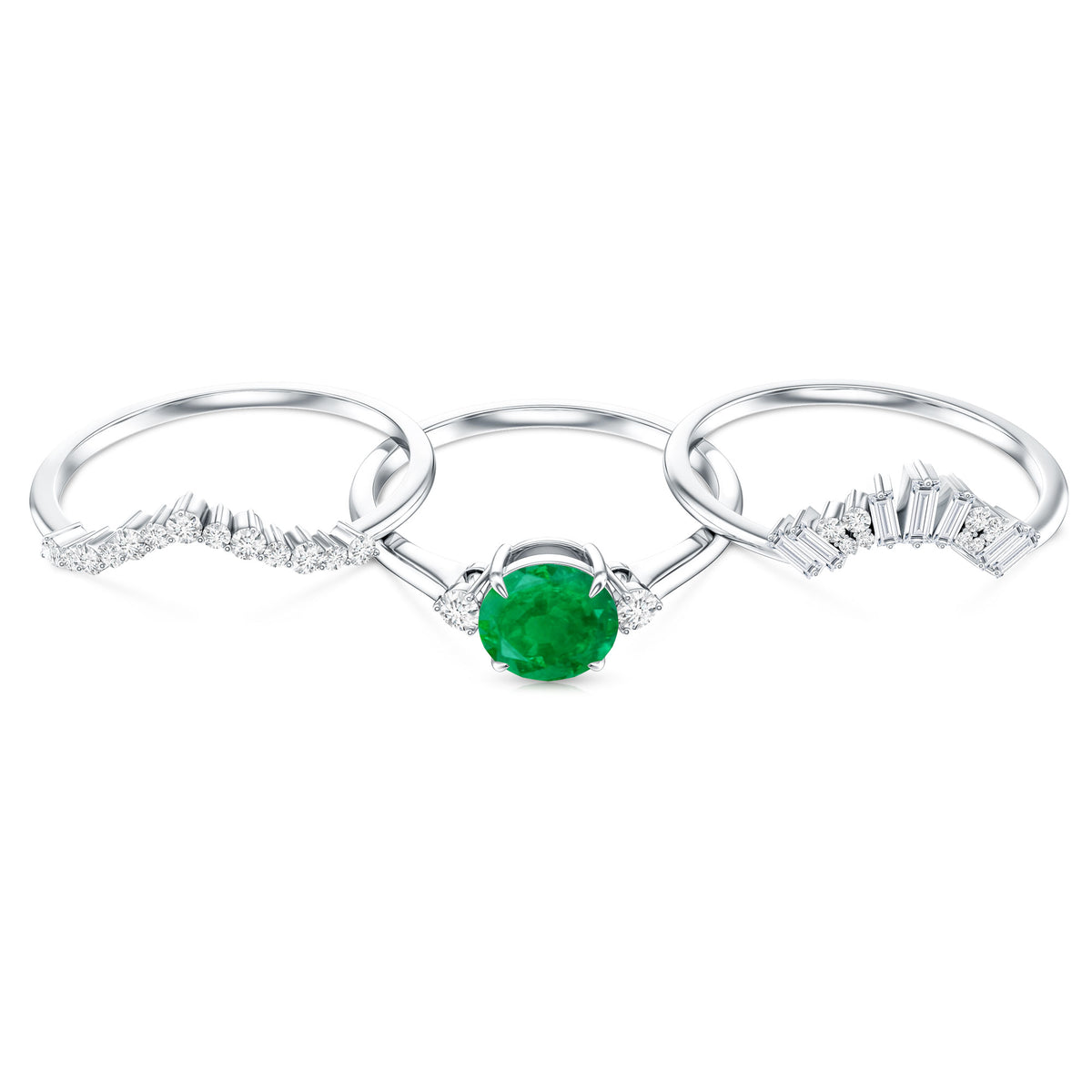 Vintage Inspired 0.4 Carat Emerald Diamond Wedding Bridal Ring Set of 3 AAA - Rosec Jewels
