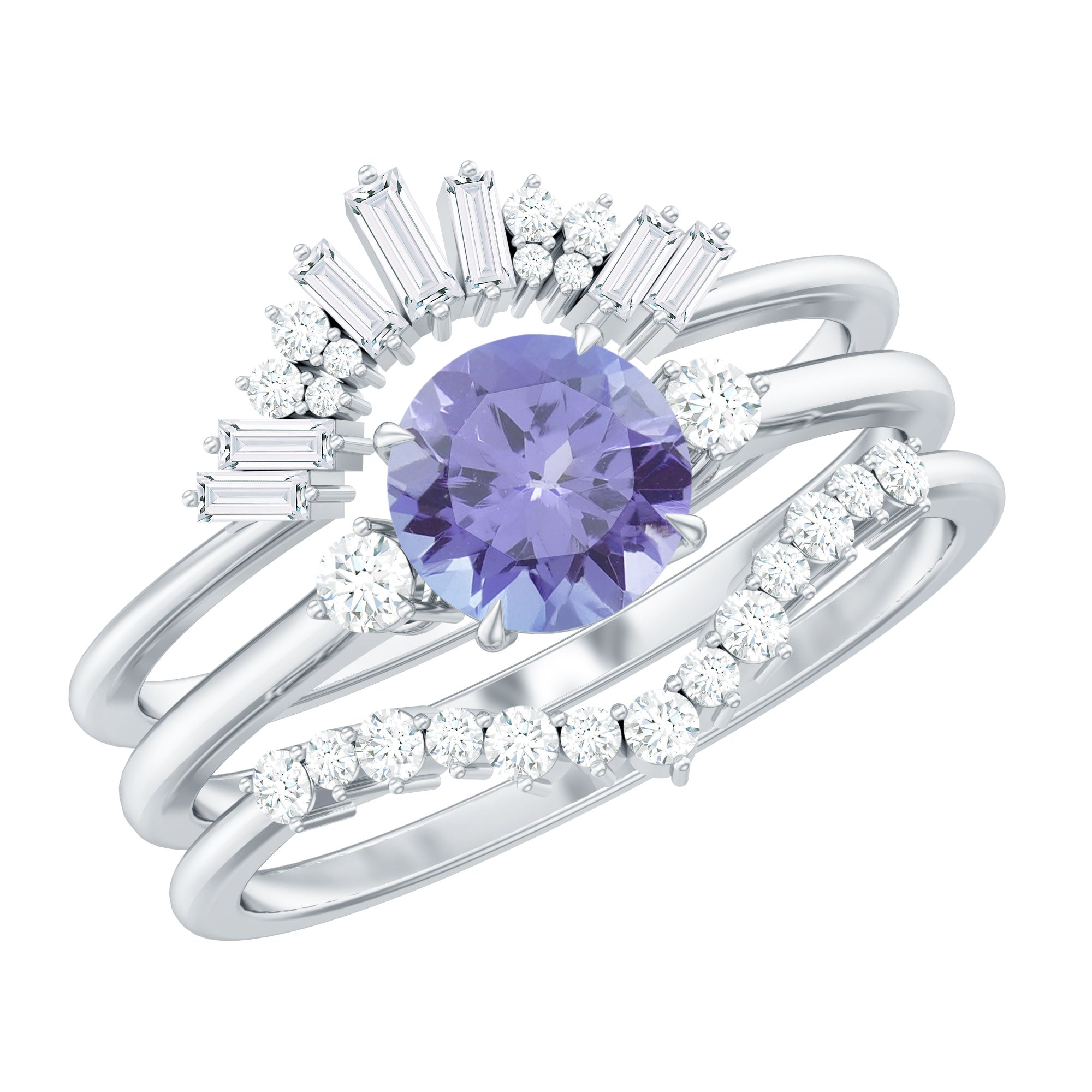 1.5 CT Round Tanzanite Designer Trio Wedding Ring Set with Diamond