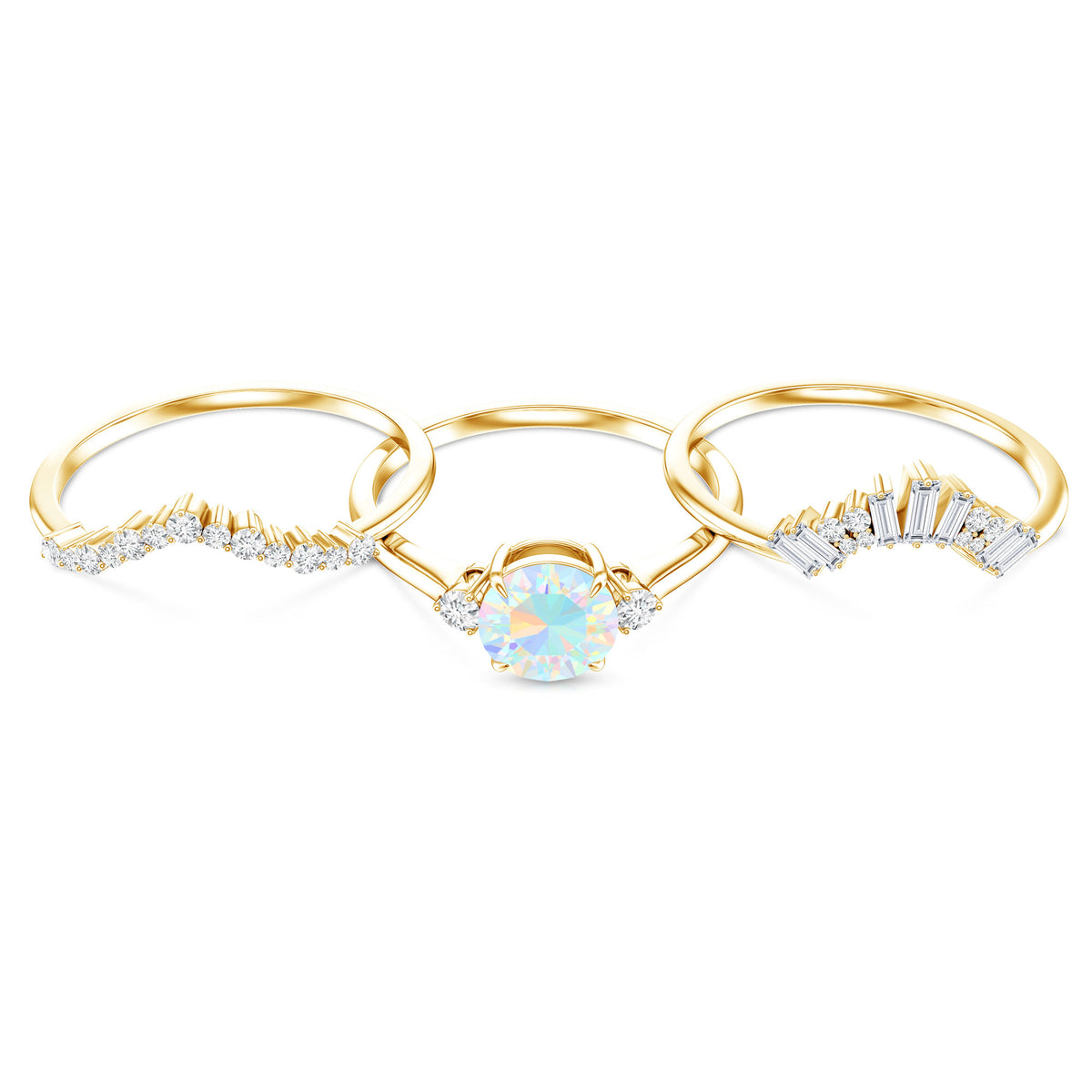 0.8 Carat Natural Ethiopian Rainbow Opal Diamond Wedding Bridal Ring Set of 3 AAA - Rosec Jewels