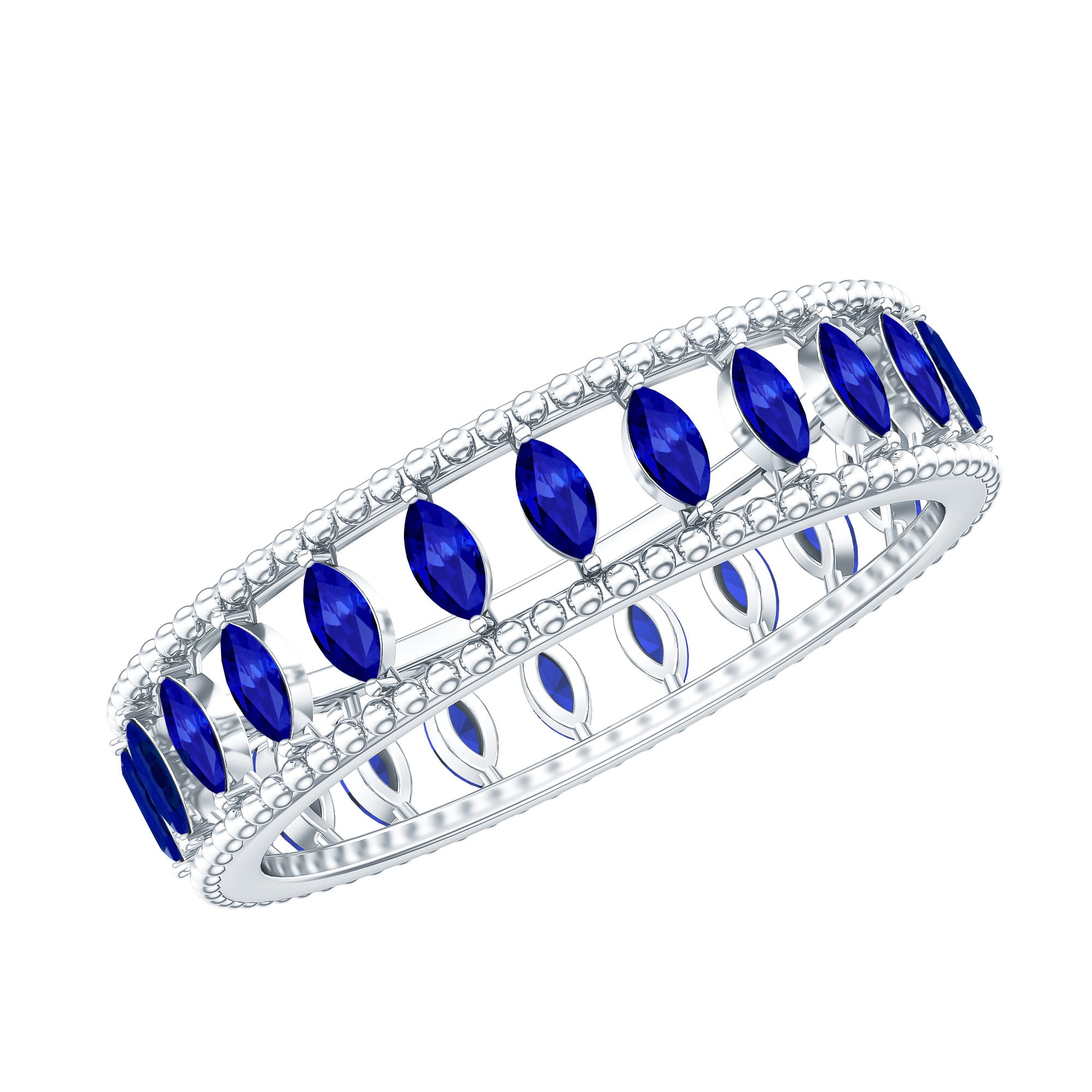 Marquise Cut Created Blue Sapphire Eternity Band with Beaded Detailing AAAA - Rosec Jewels