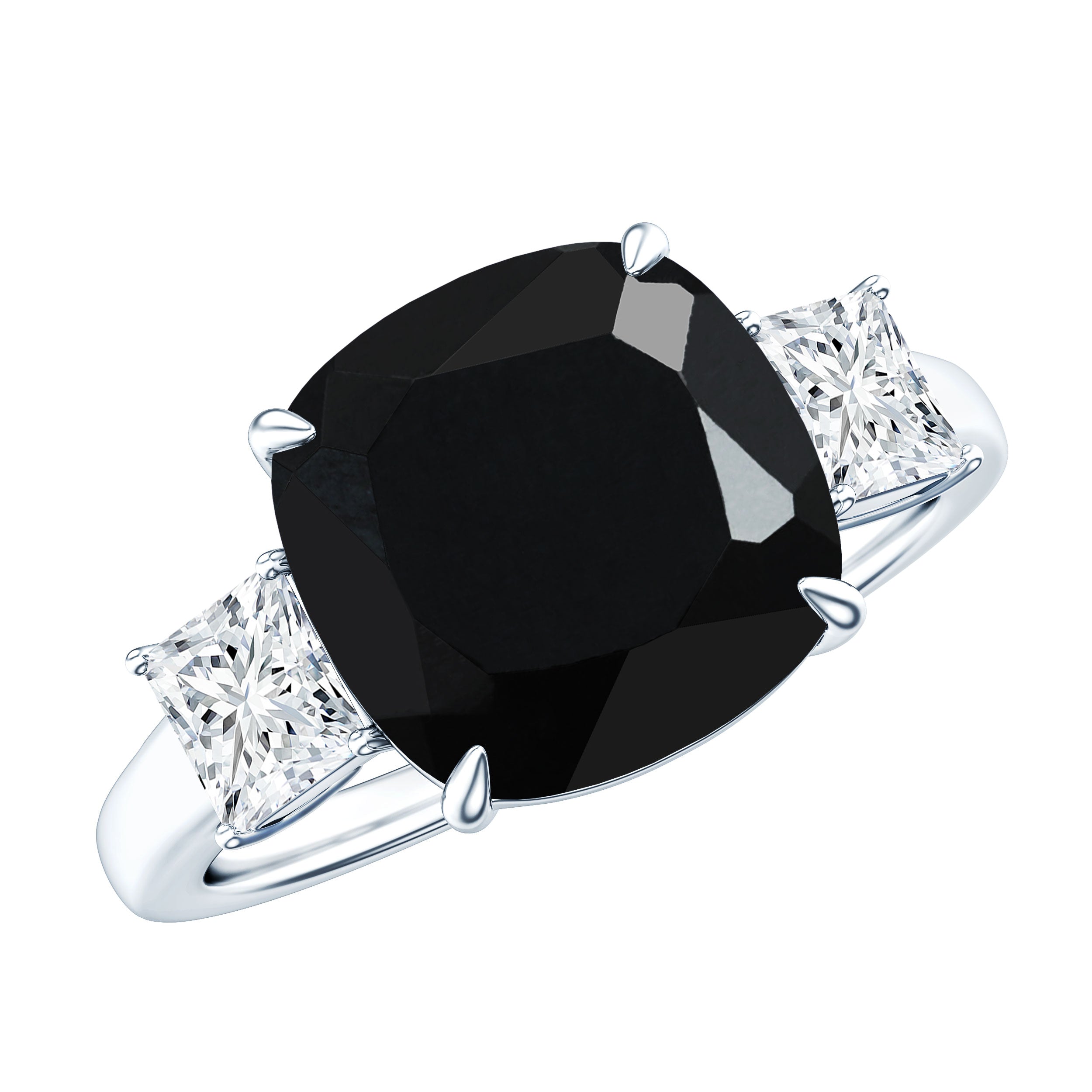 Cushion Cut Black Spinel Solitaire Engagement Ring with Moissanite