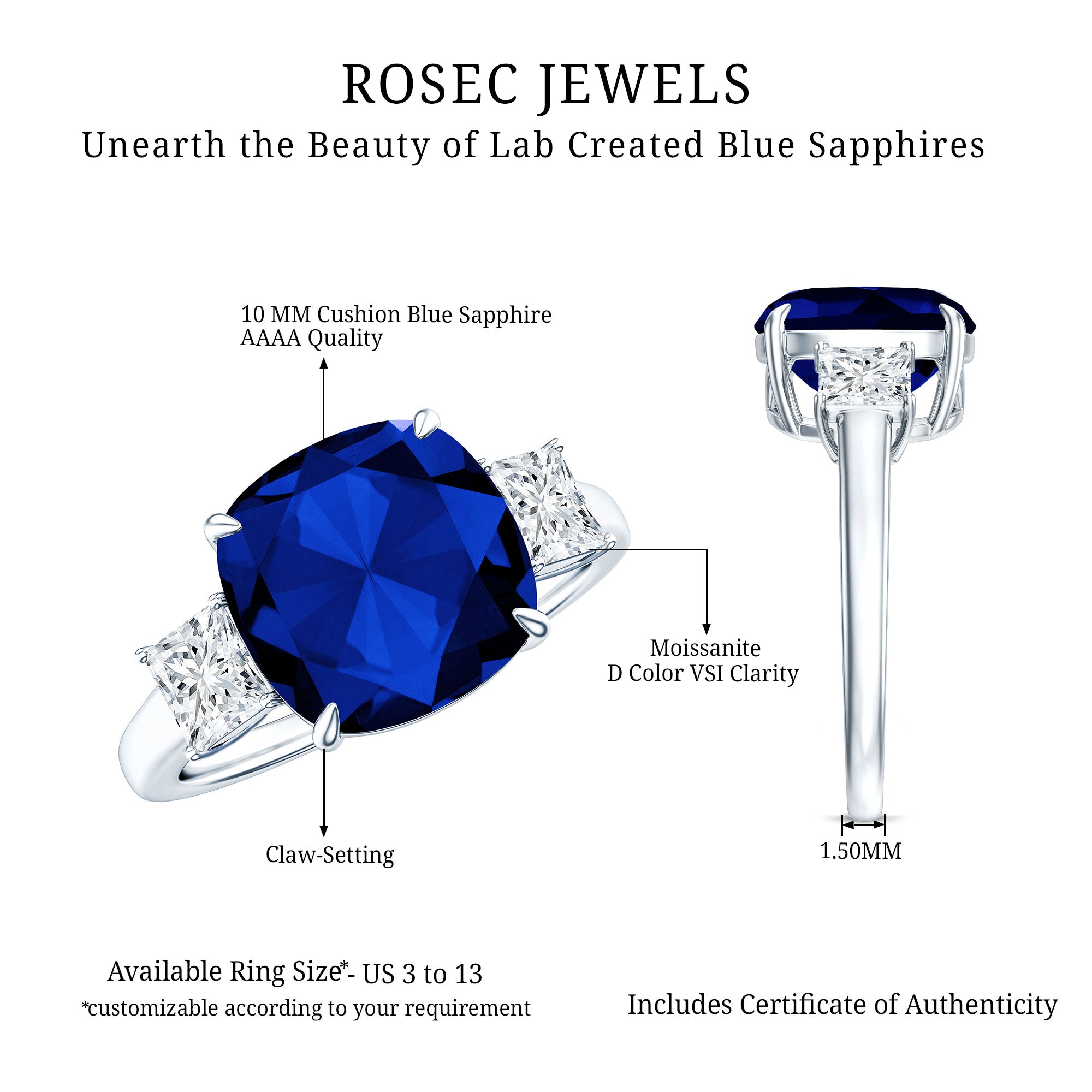 Certified 5.98 Carat Lab Grown Blue Sapphire Big Engagement Ring with Moissanite AAAA - Rosec Jewels