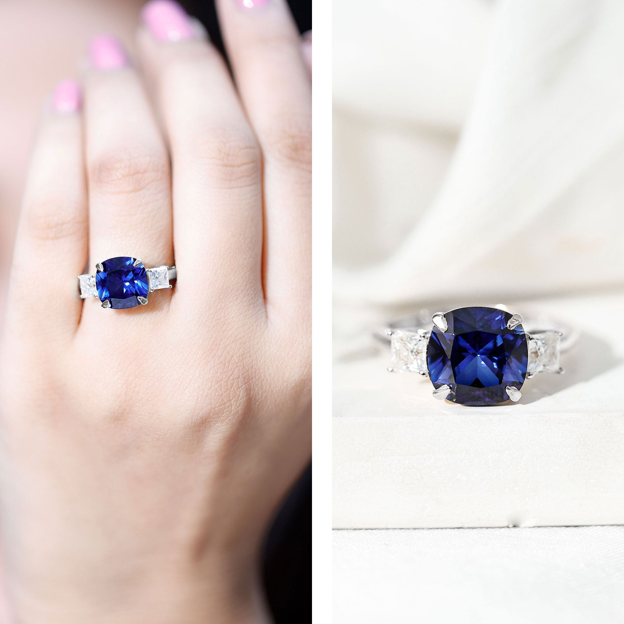 Certified 5.98 Carat Lab Grown Blue Sapphire Big Engagement Ring with Moissanite AAAA - Rosec Jewels