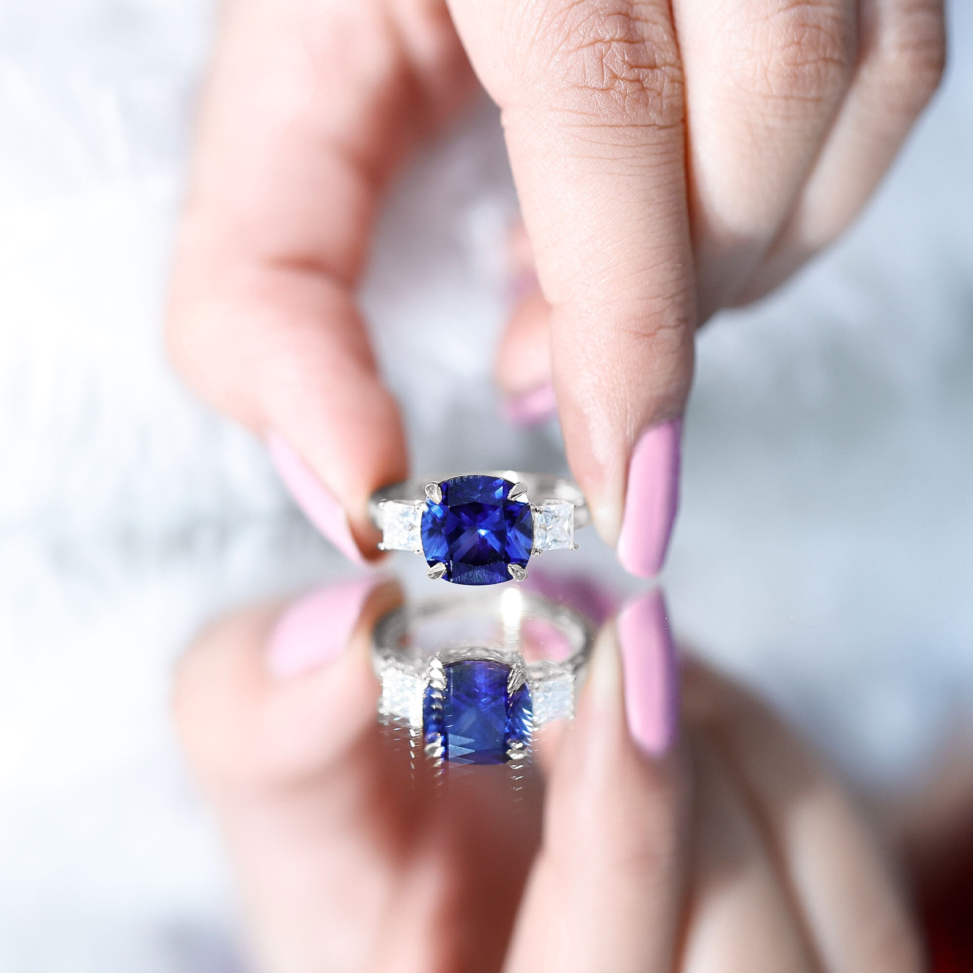 Certified 5.98 Carat Lab Grown Blue Sapphire Big Engagement Ring with Moissanite AAAA - Rosec Jewels