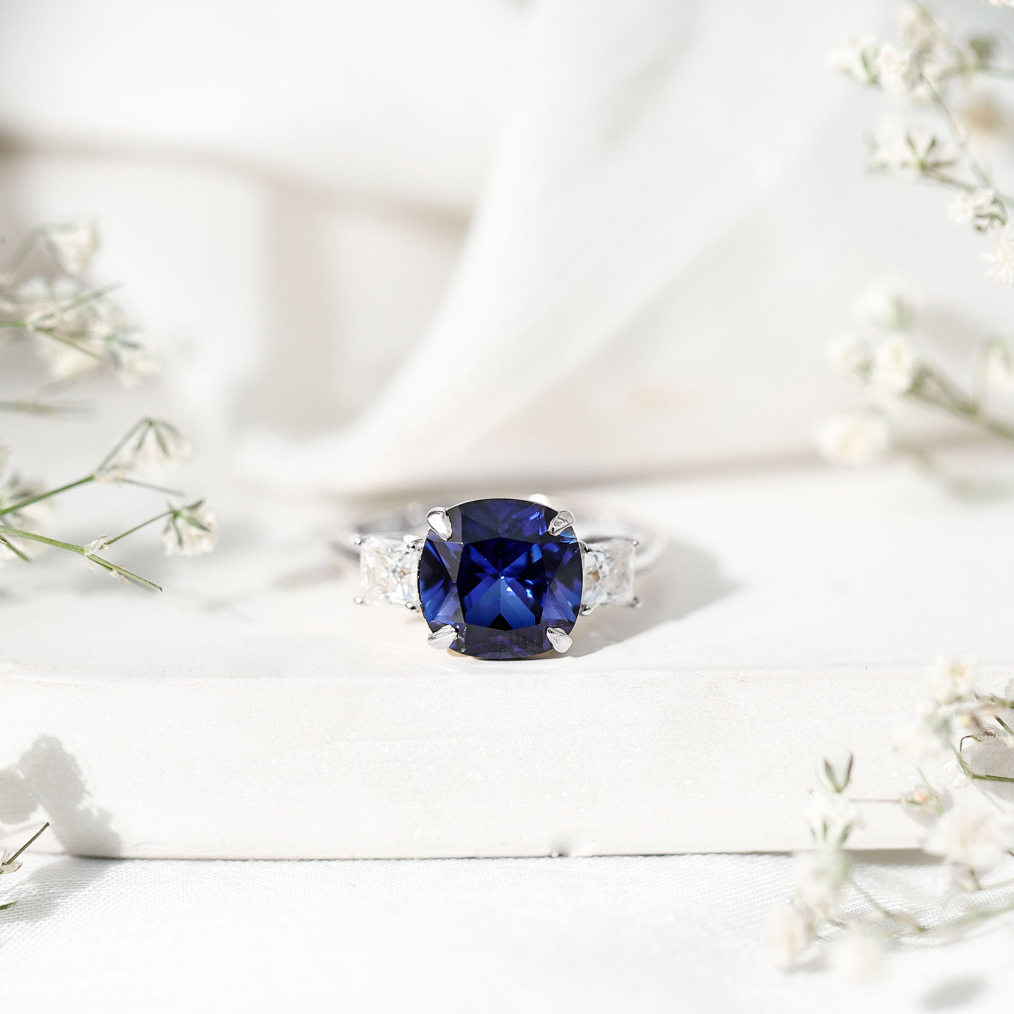 Certified 5.98 Carat Lab Grown Blue Sapphire Big Engagement Ring with Moissanite AAAA - Rosec Jewels