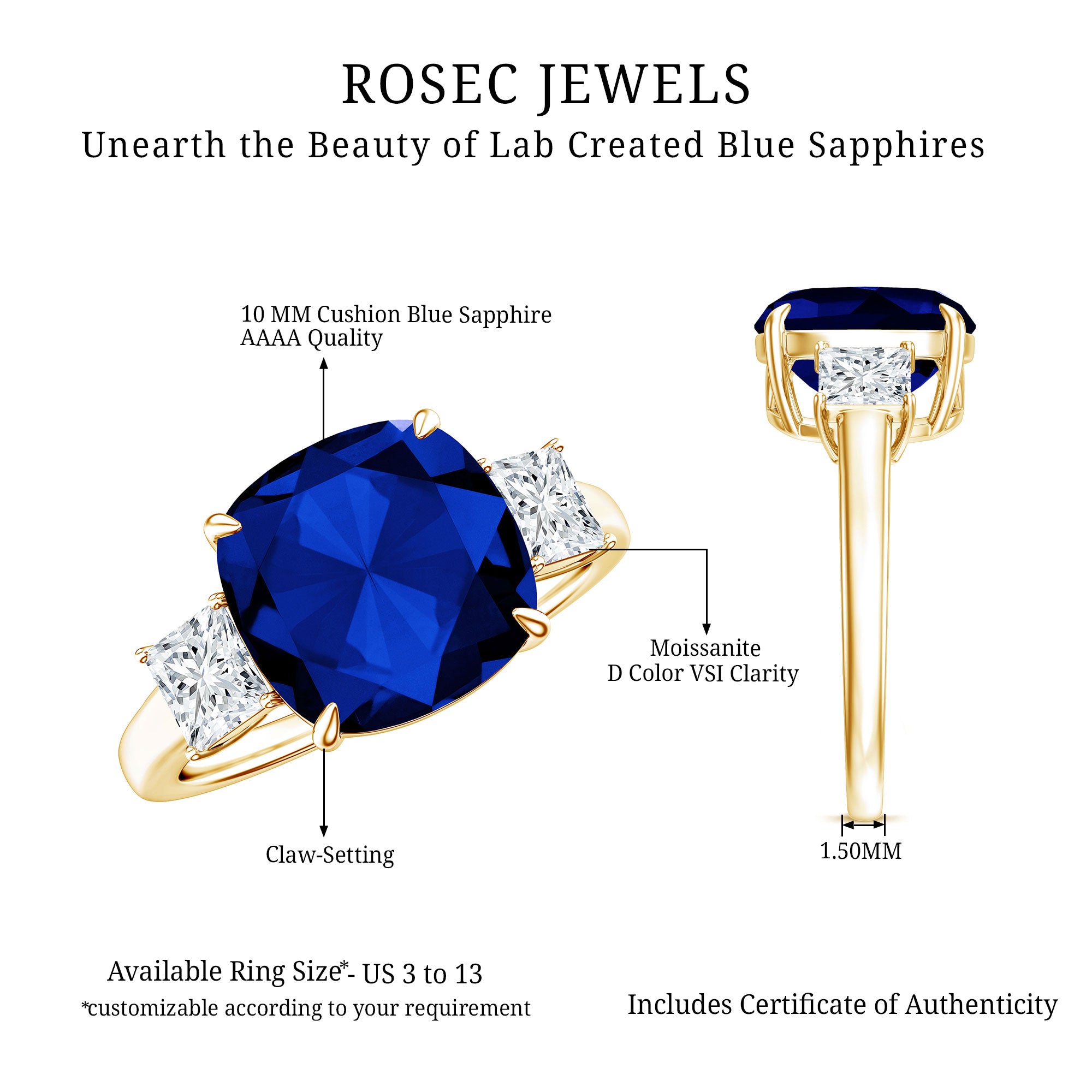 Certified 5.98 Carat Lab Grown Blue Sapphire Big Engagement Ring with Moissanite AAAA - Rosec Jewels
