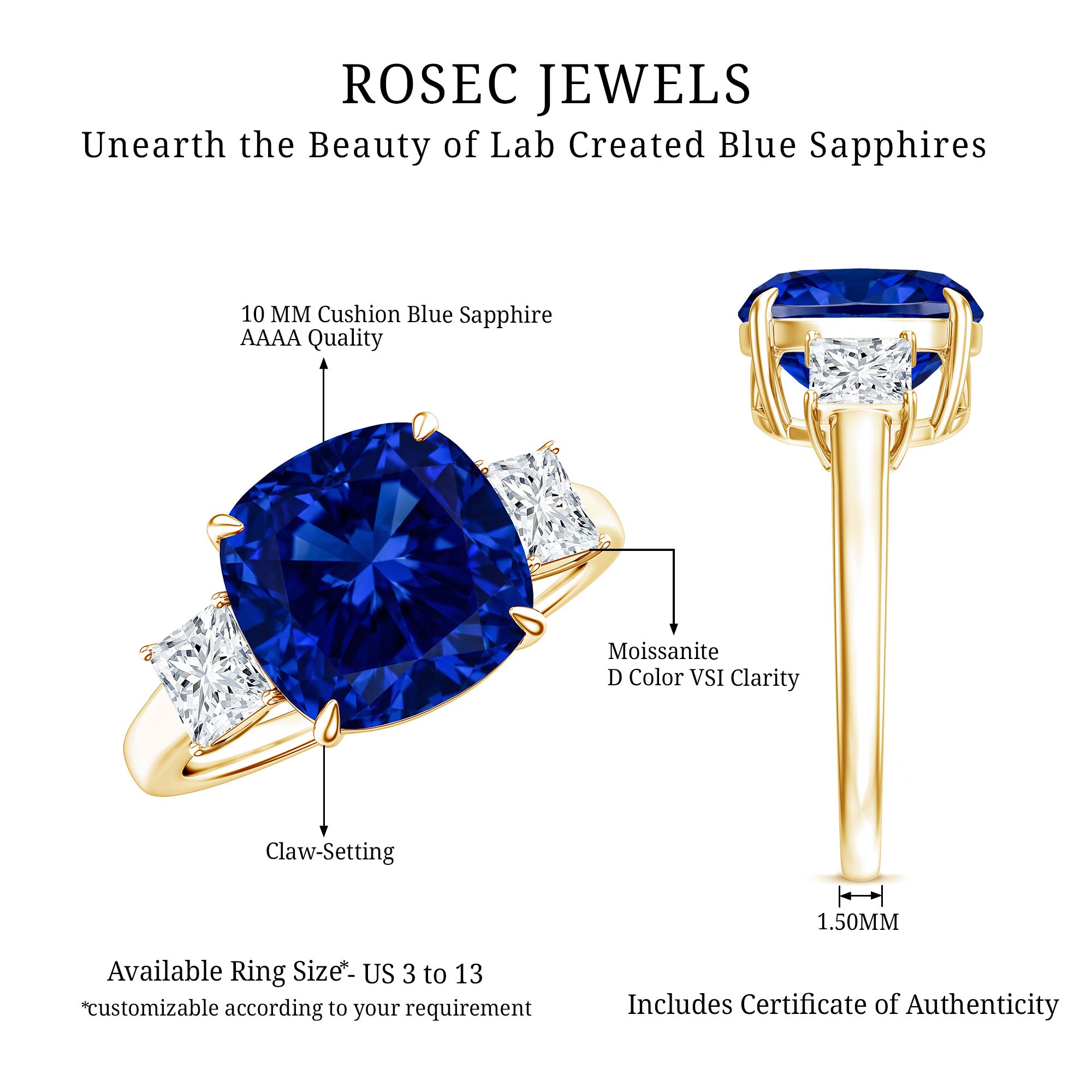Certified 5.98 Carat Lab Grown Blue Sapphire Big Engagement Ring with Moissanite AAAA - Rosec Jewels