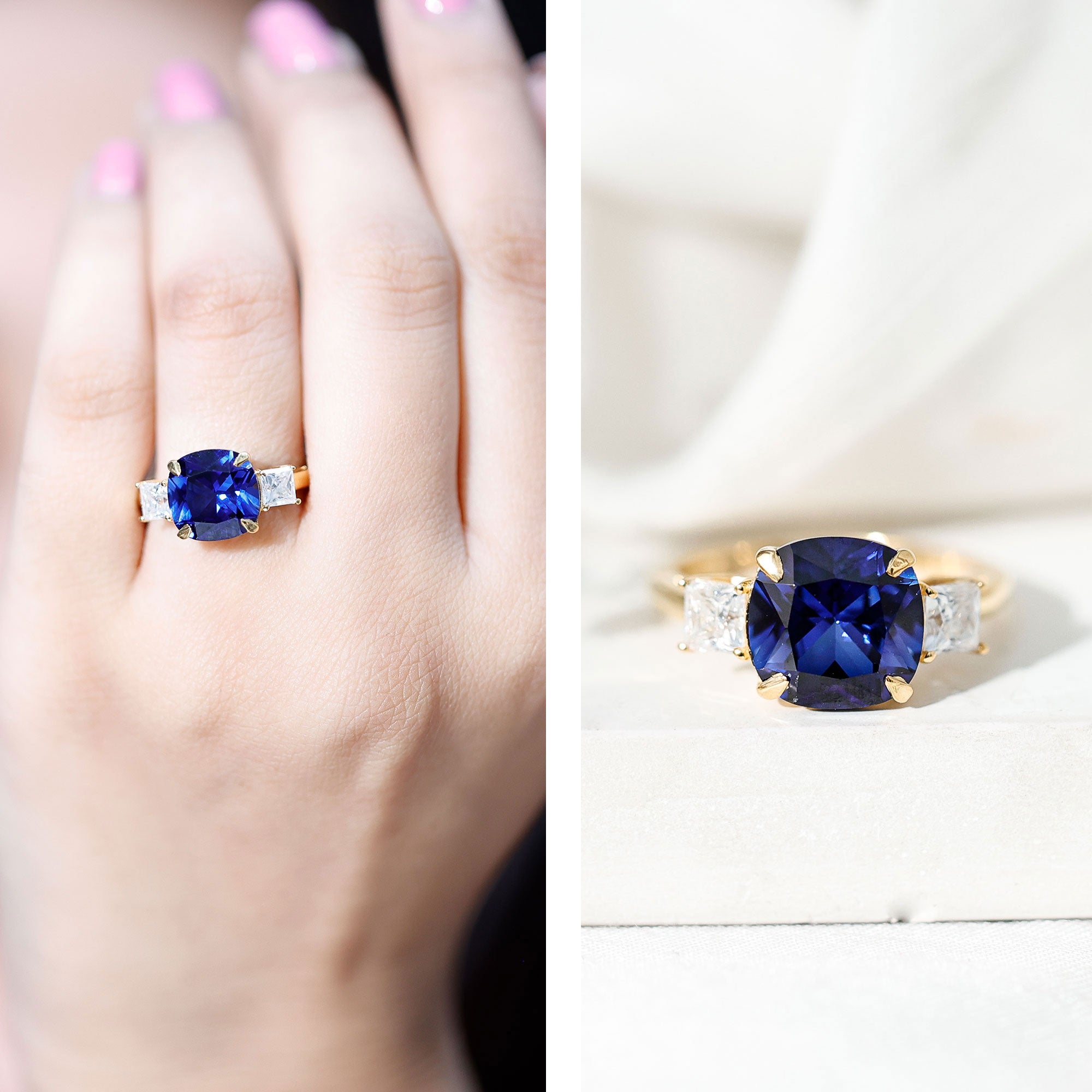 Certified 5.98 Carat Lab Grown Blue Sapphire Big Engagement Ring with Moissanite AAAA - Rosec Jewels