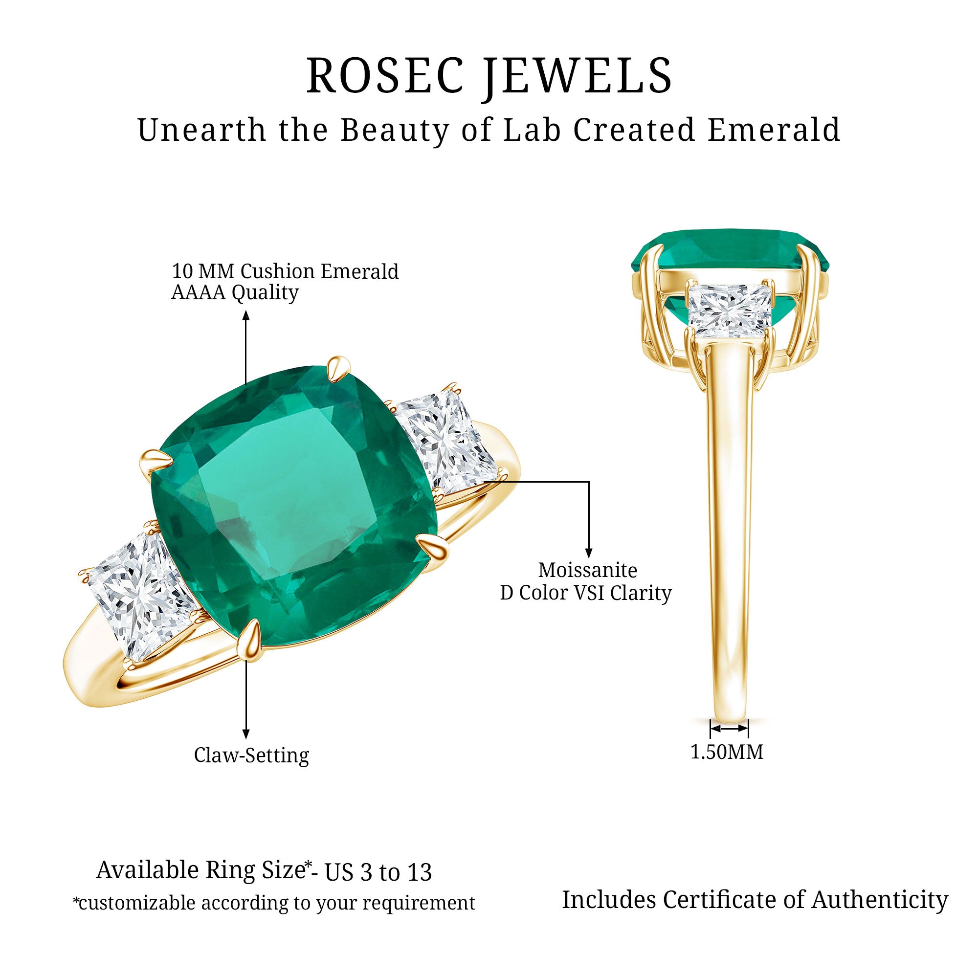Certified Lab Grown Emerald Moissanite 3 Stone Engagement Ring AAAA 14K Yellow Gold Plated Silver - Rosec Jewels