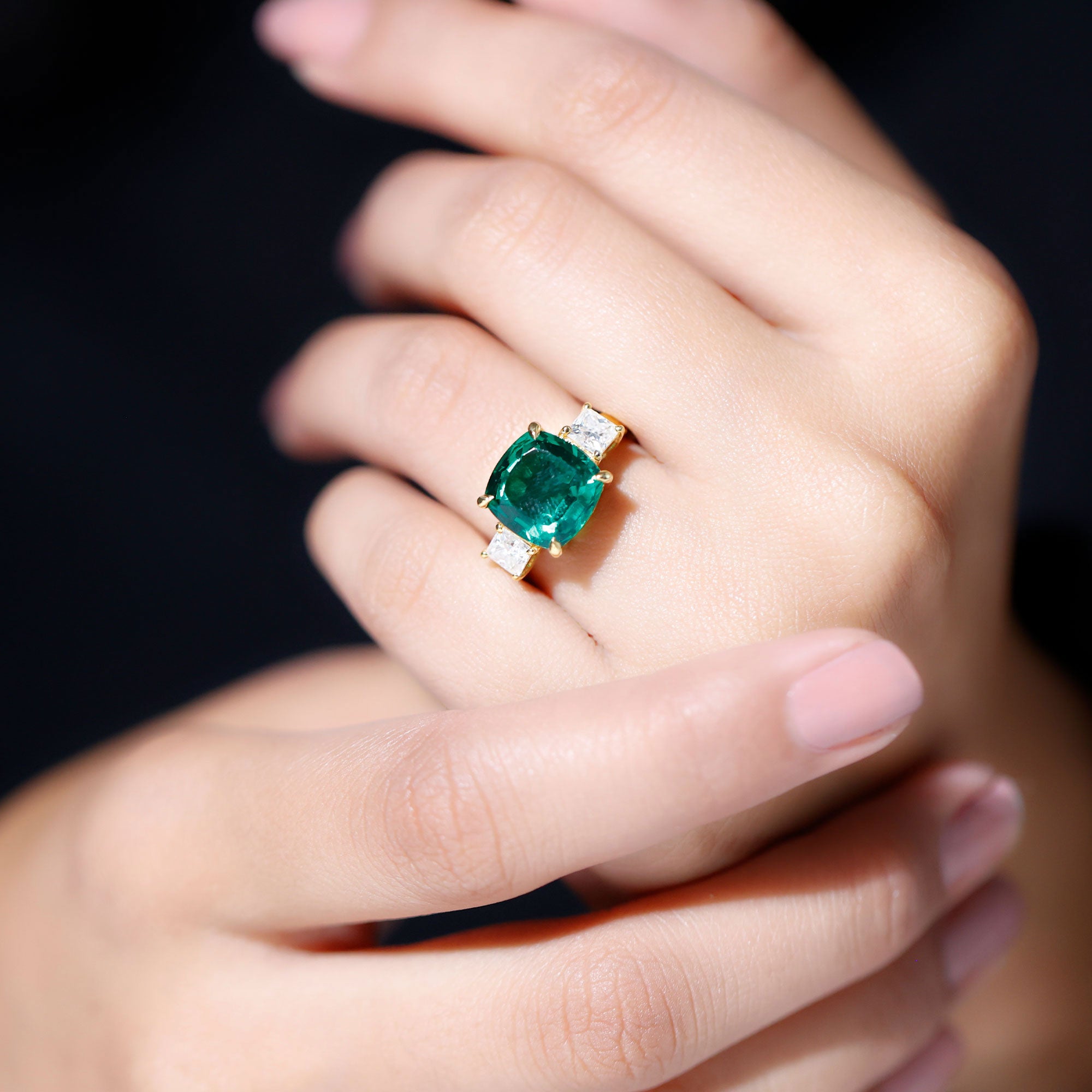 Certified Lab Grown Emerald Moissanite 3 Stone Engagement Ring AAAA 14K Yellow Gold Plated Silver - Rosec Jewels