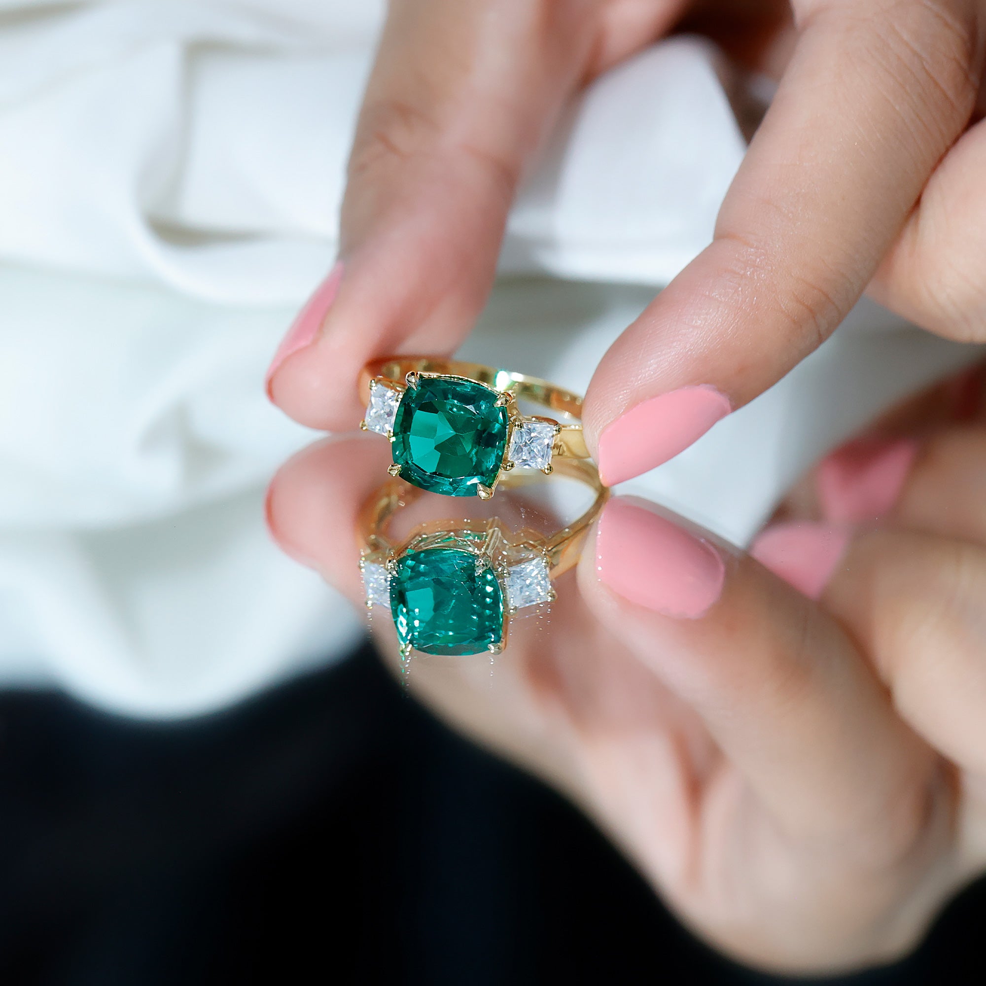 Certified Lab Grown Emerald Moissanite 3 Stone Engagement Ring AAAA 14K Yellow Gold Plated Silver - Rosec Jewels