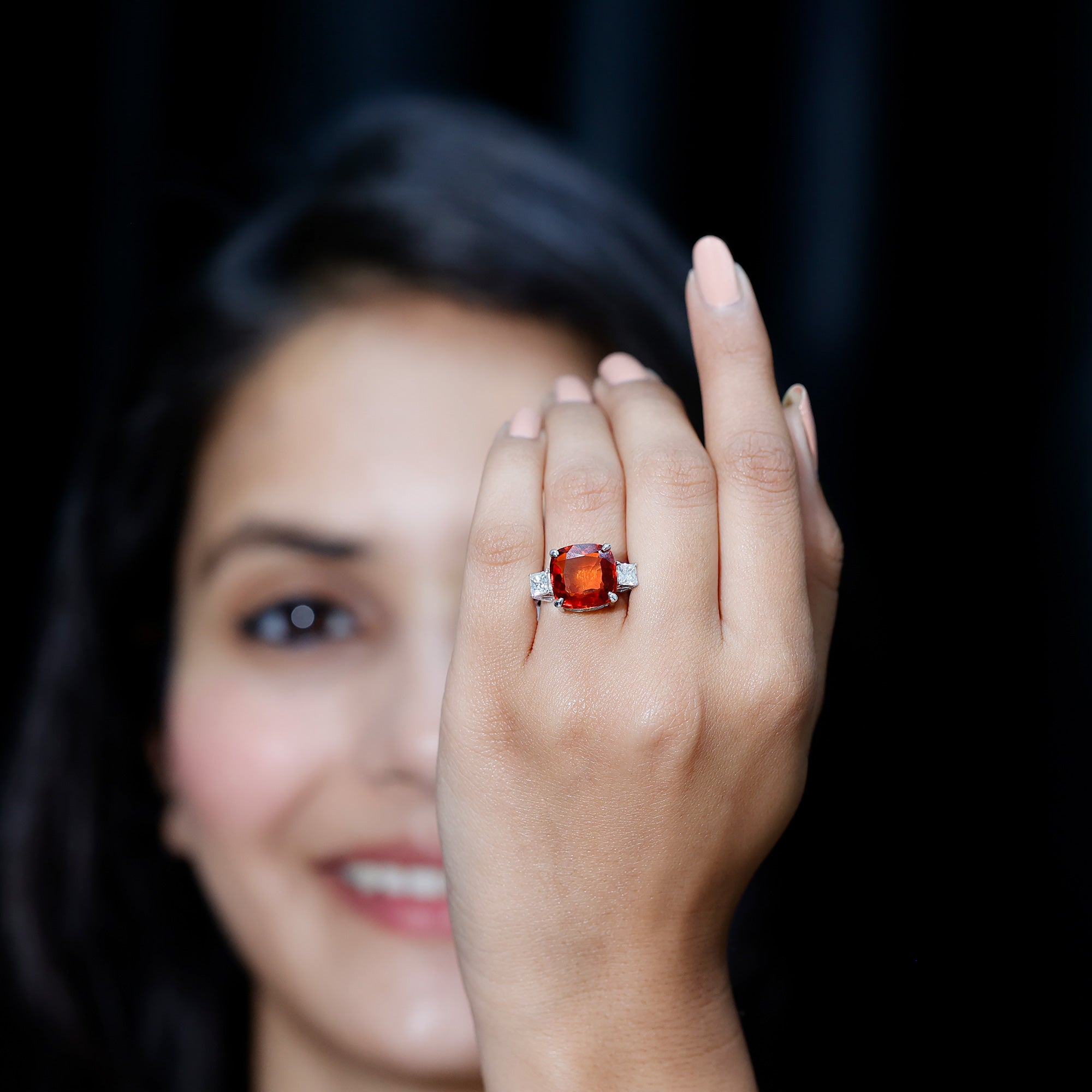 9 Carat Cushion Cut Lab Grown Orange Sapphire 3 Stone Engagement Ring AAAA - Rosec Jewels