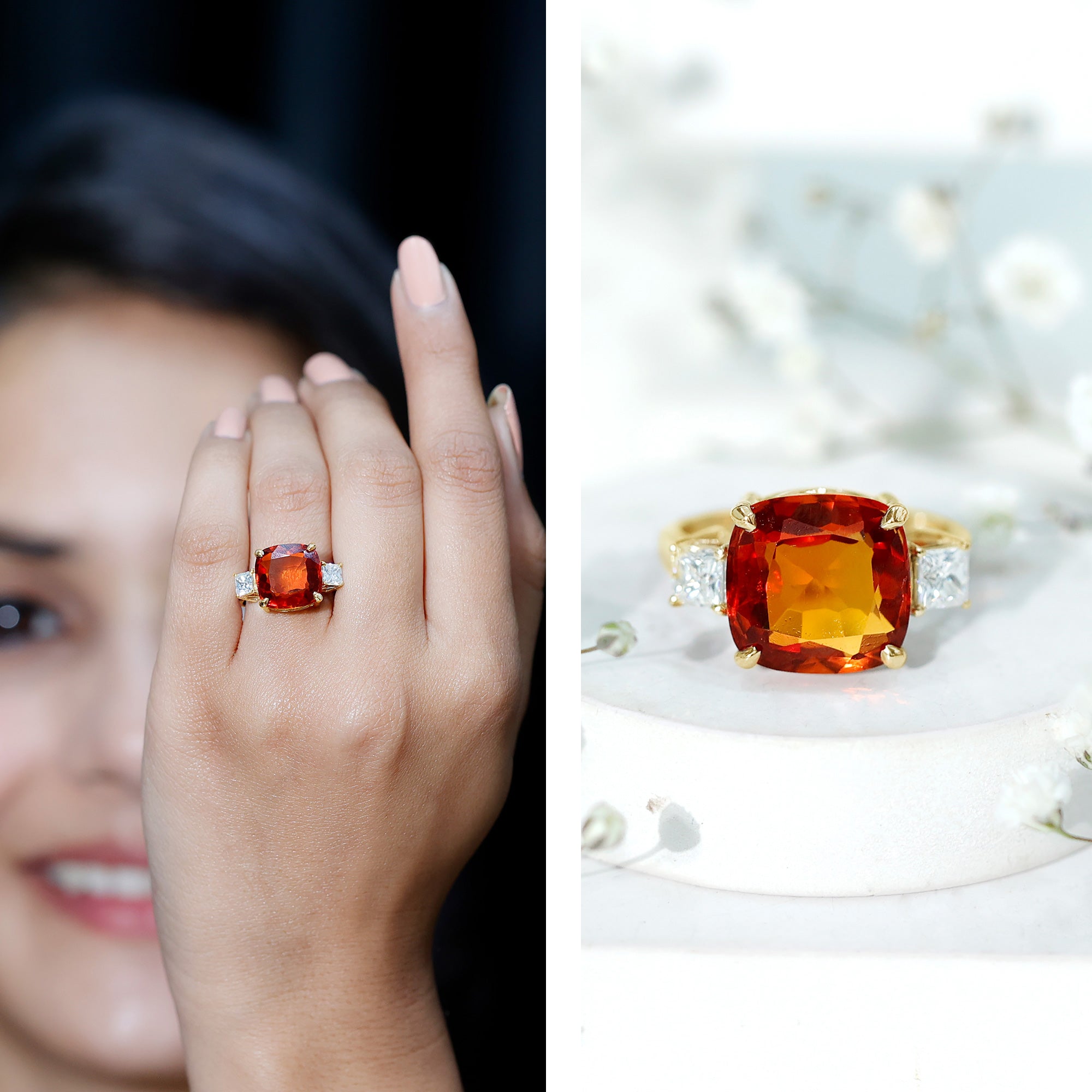 9 Carat Cushion Cut Lab Grown Orange Sapphire 3 Stone Engagement Ring AAAA - Rosec Jewels