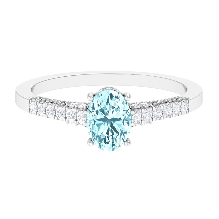 1 CT Oval Aquamarine Solitaire Engagement Ring with Diamond Side Stones