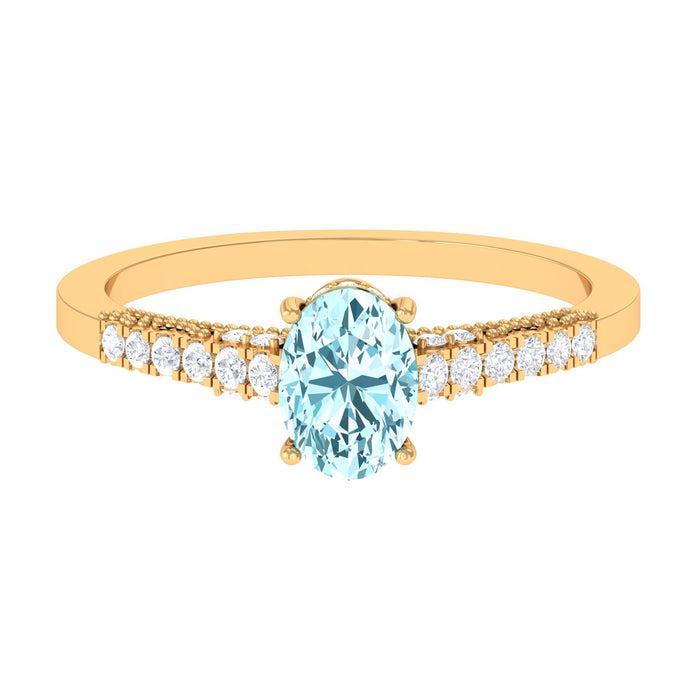 1 CT Oval Aquamarine Solitaire Engagement Ring with Diamond Side Stones