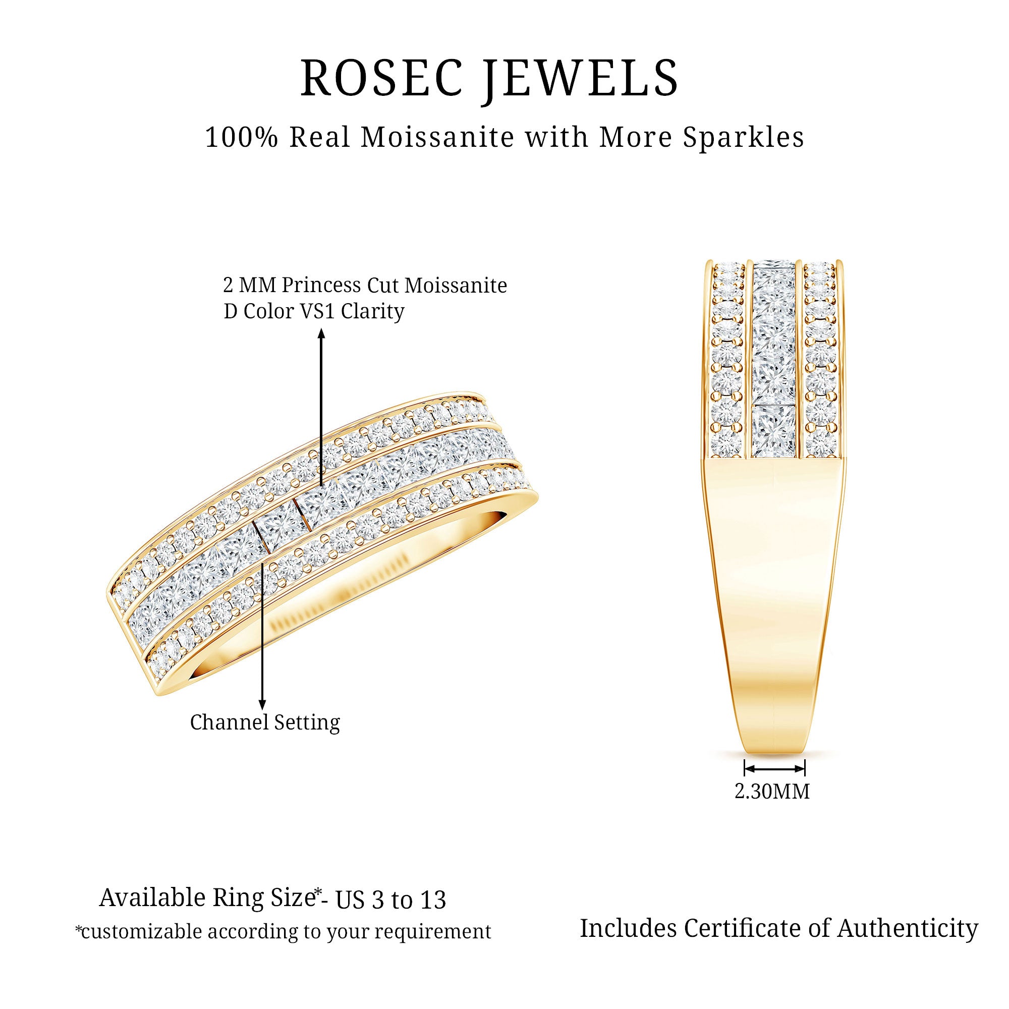 Moissanite 3 Row Eternity Band Ring for Women D-VS1 - Rosec Jewels