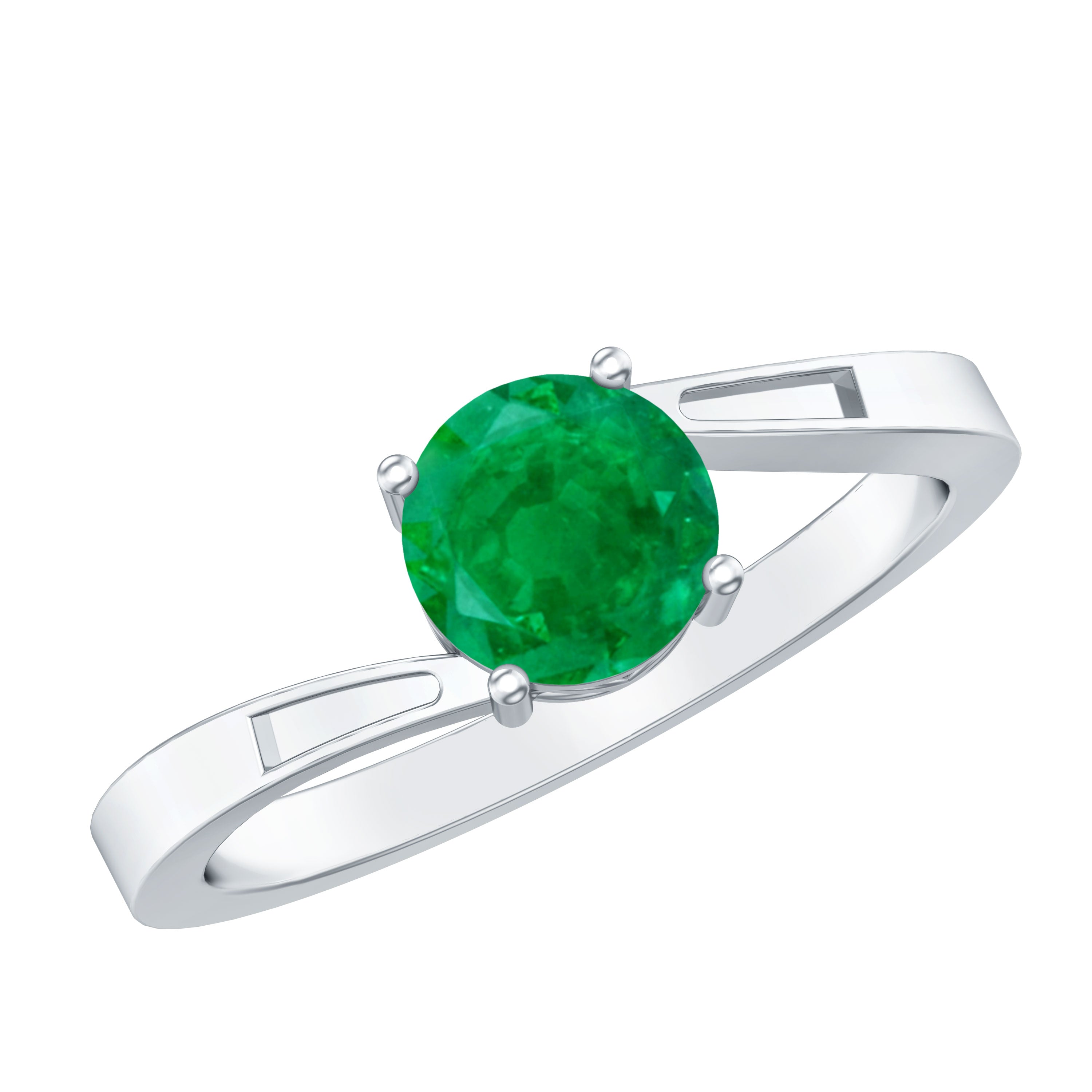 Round Emerald Solitaire Engagement Ring in Bypass Shank AAA - Rosec Jewels