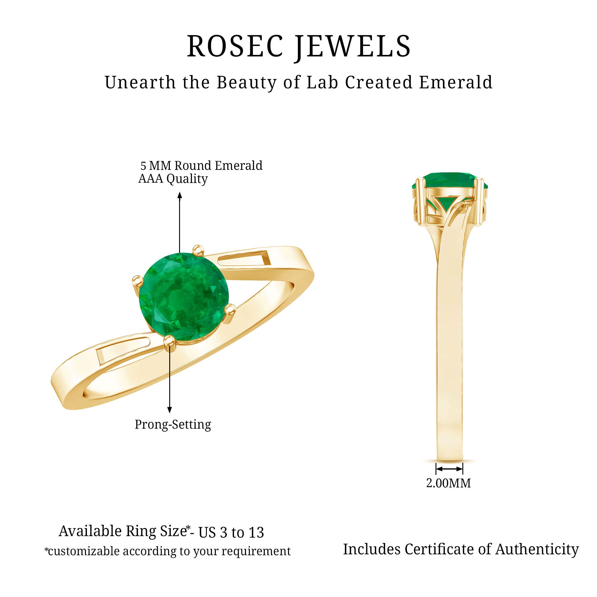 Round Emerald Solitaire Engagement Ring in Bypass Shank AAA - Rosec Jewels