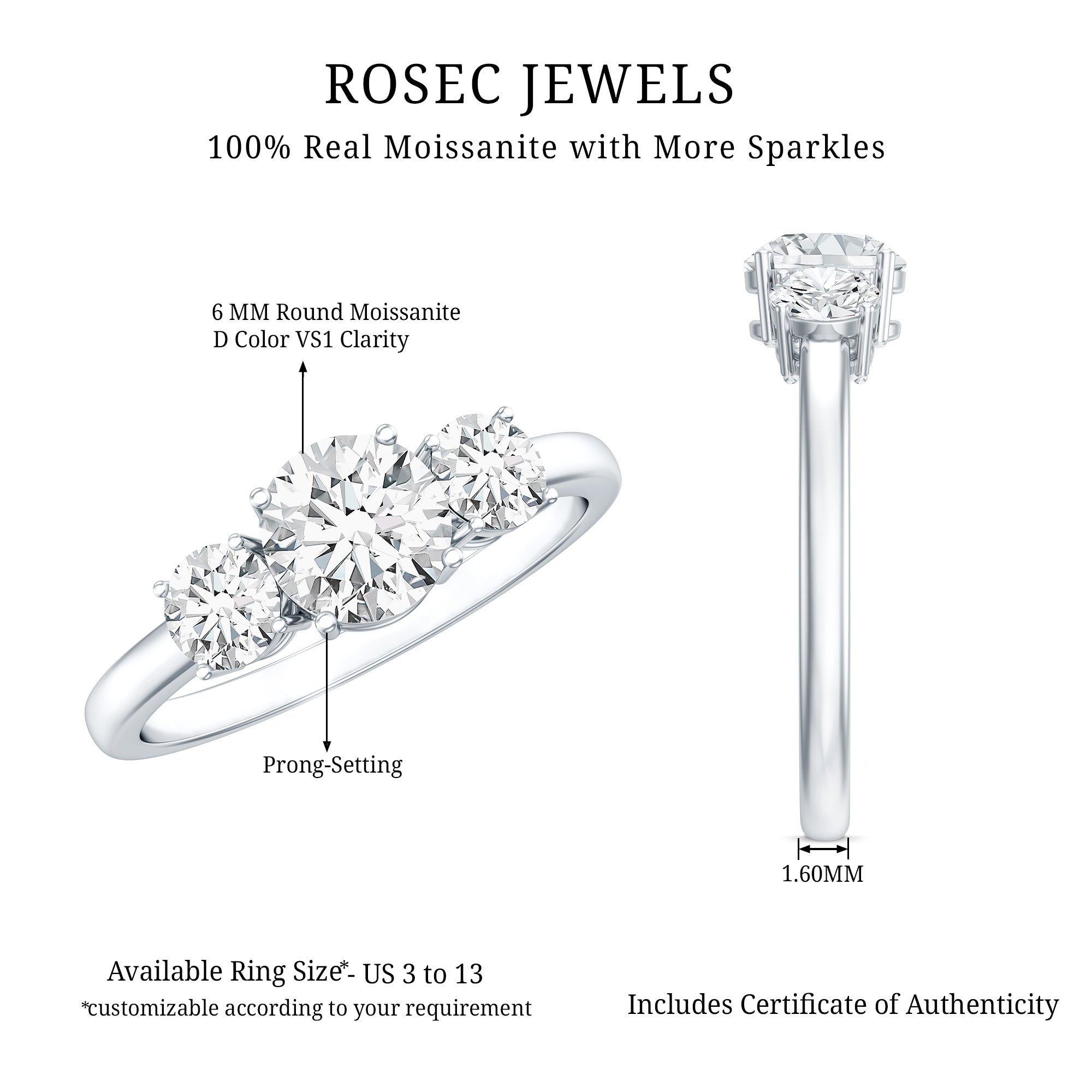 Certified Moissanite Three Stone Engagement Ring For Her D-VS1 - Rosec Jewels