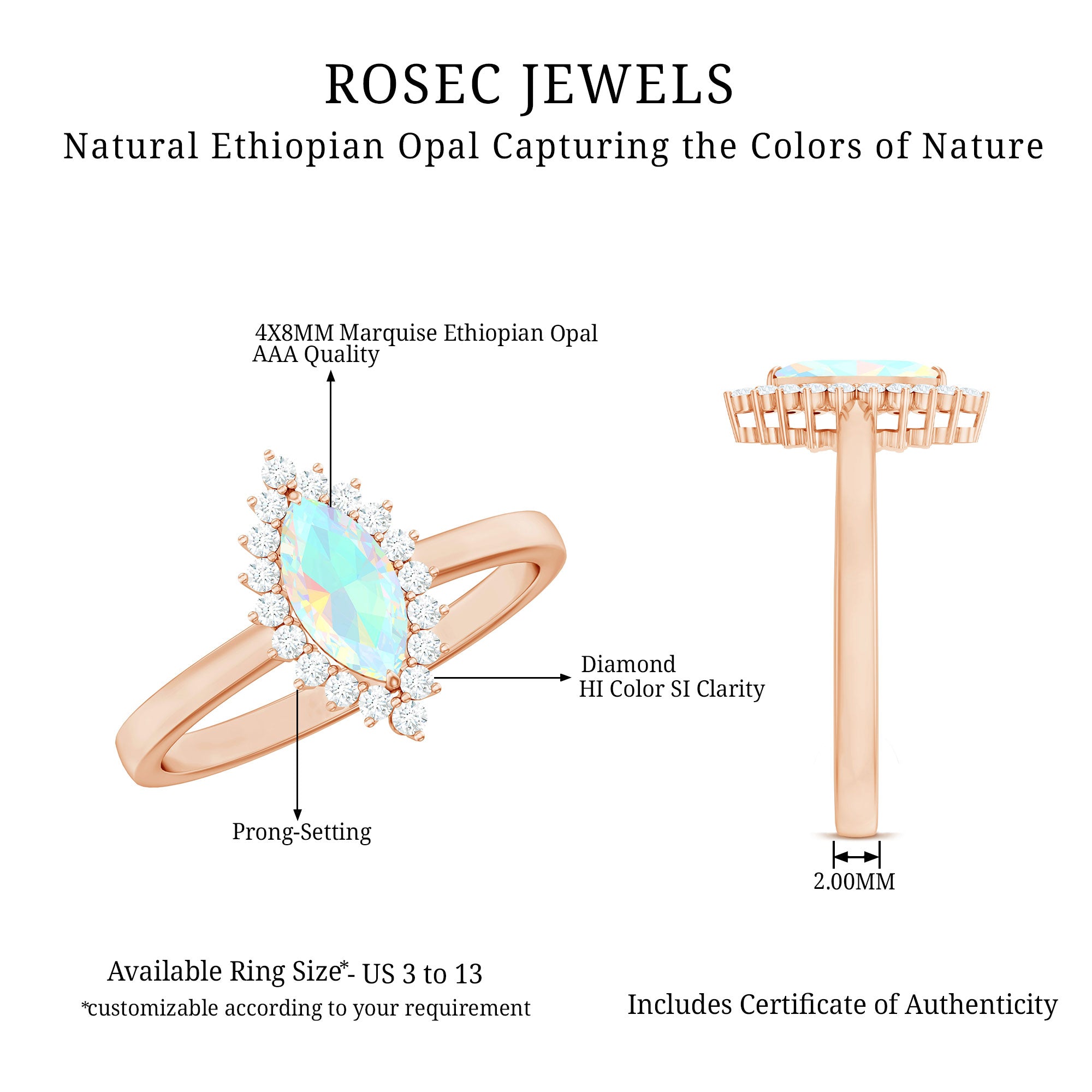 Ethiopian Opal 4x8mm Marquise Cut Engagement Ring with Diamond Halo AAA - Rosec Jewels