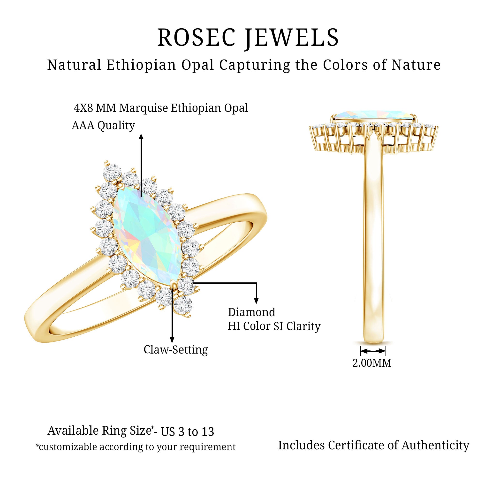 Ethiopian Opal 4x8mm Marquise Cut Engagement Ring with Diamond Halo AAA - Rosec Jewels