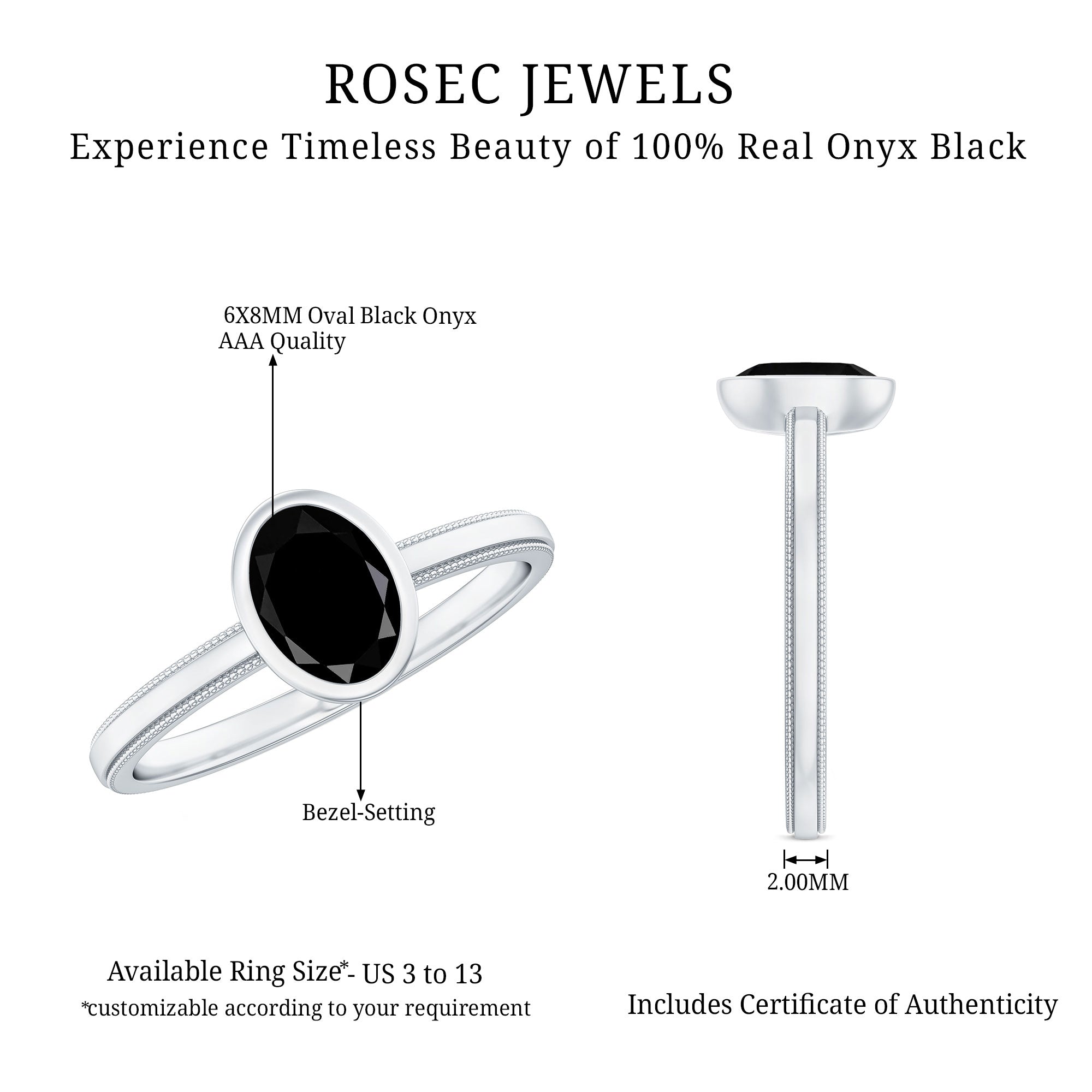Simple Oval Cut Black Onyx Solitaire Ring in Bezel Setting AAA - Rosec Jewels
