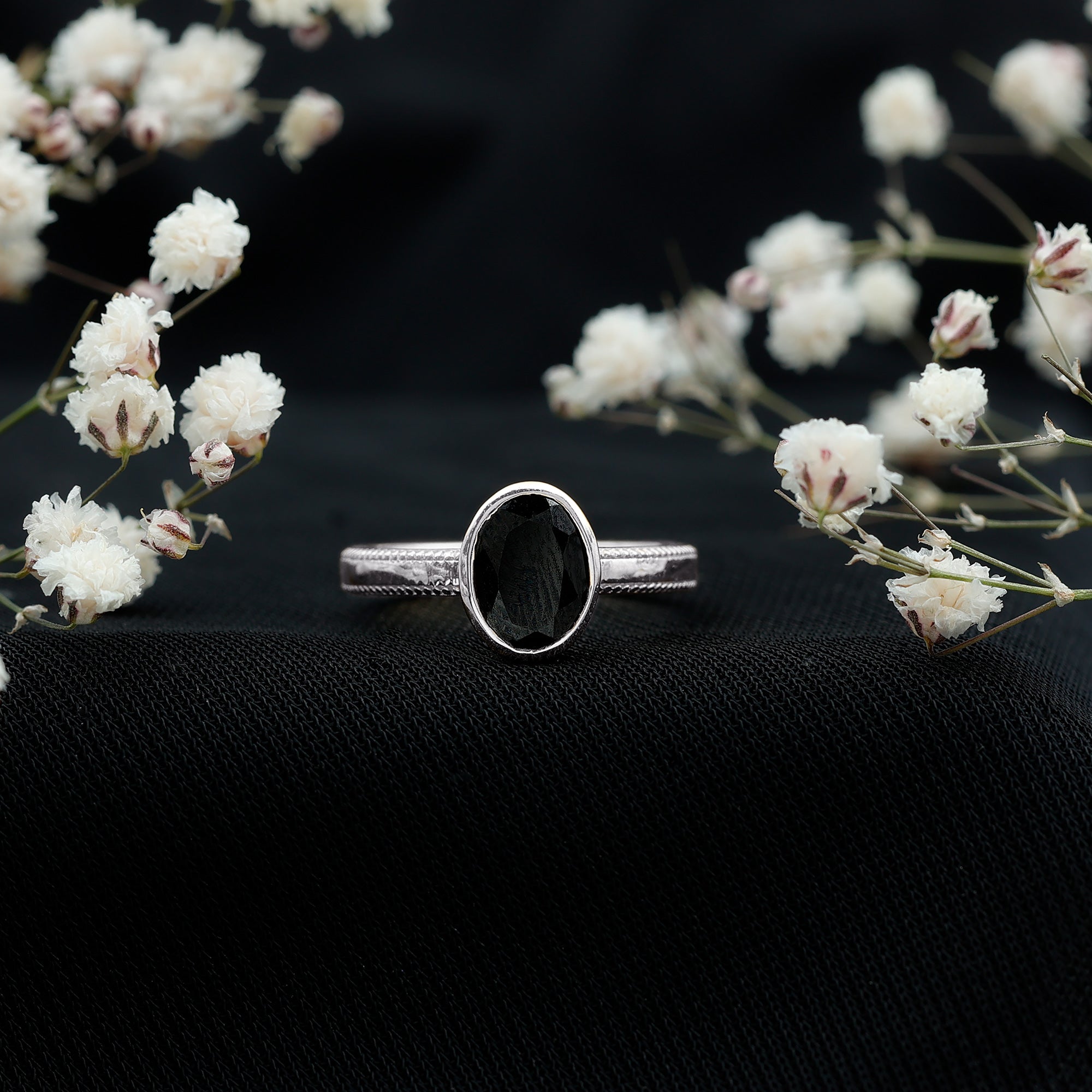 Simple Oval Cut Black Onyx Solitaire Ring in Bezel Setting AAA - Rosec Jewels