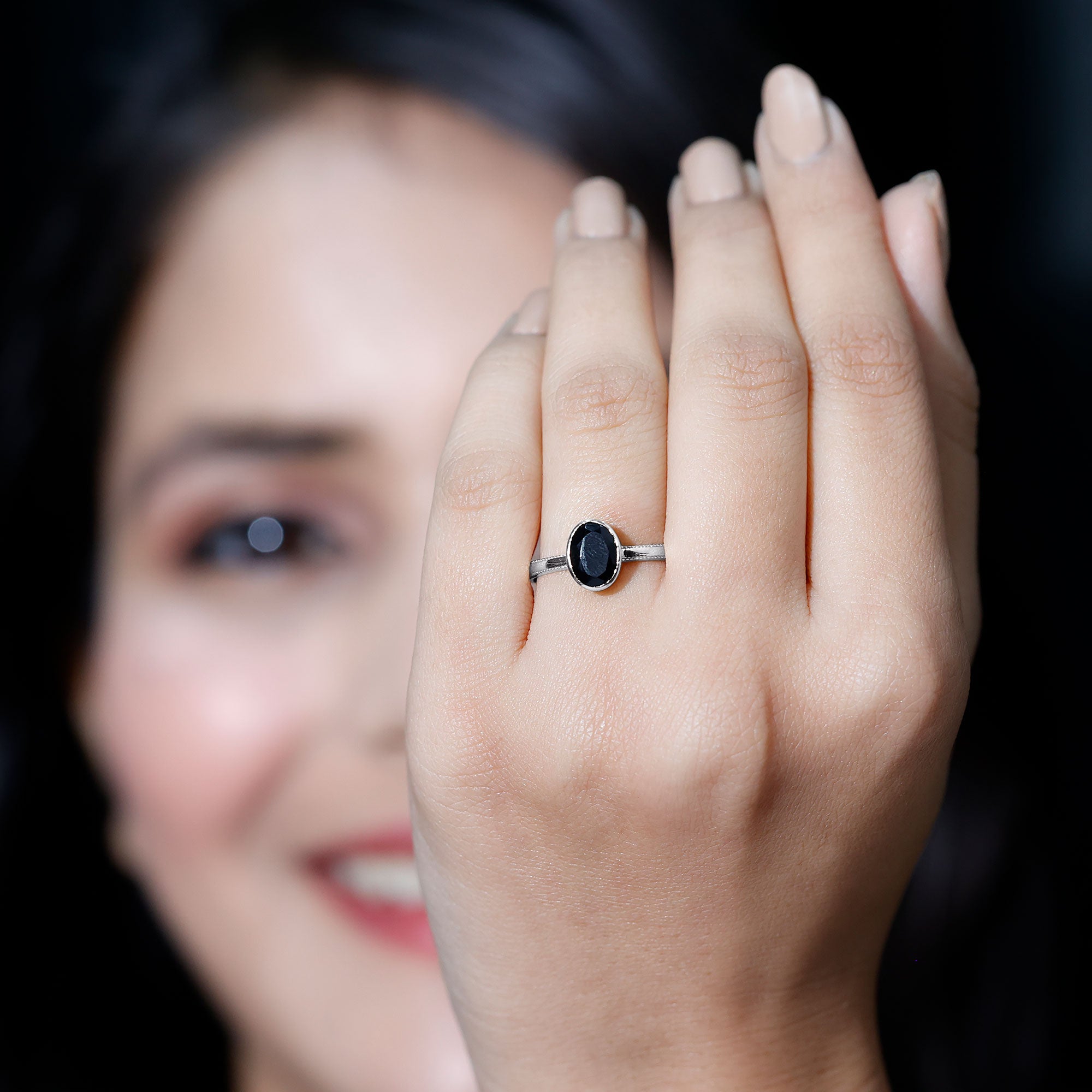Simple Oval Cut Black Onyx Solitaire Ring in Bezel Setting AAA - Rosec Jewels