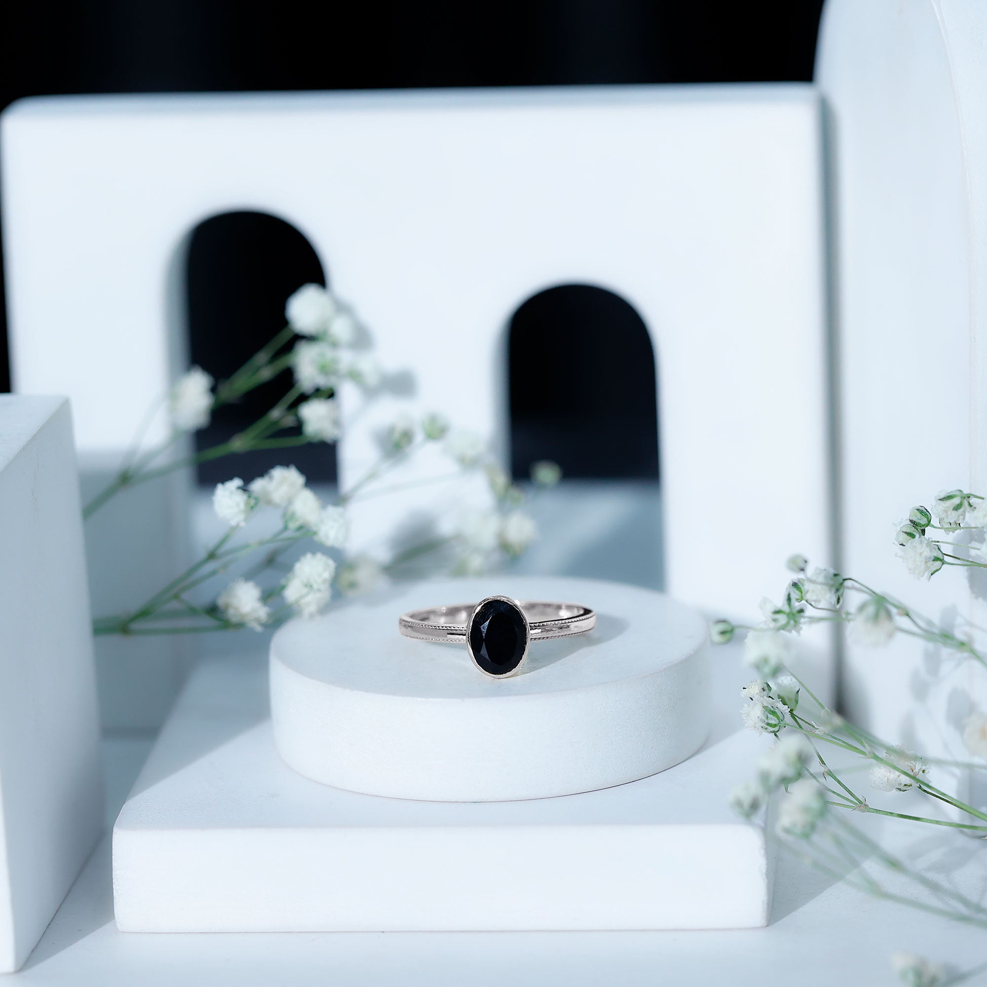 Simple Oval Cut Black Onyx Solitaire Ring in Bezel Setting AAA - Rosec Jewels