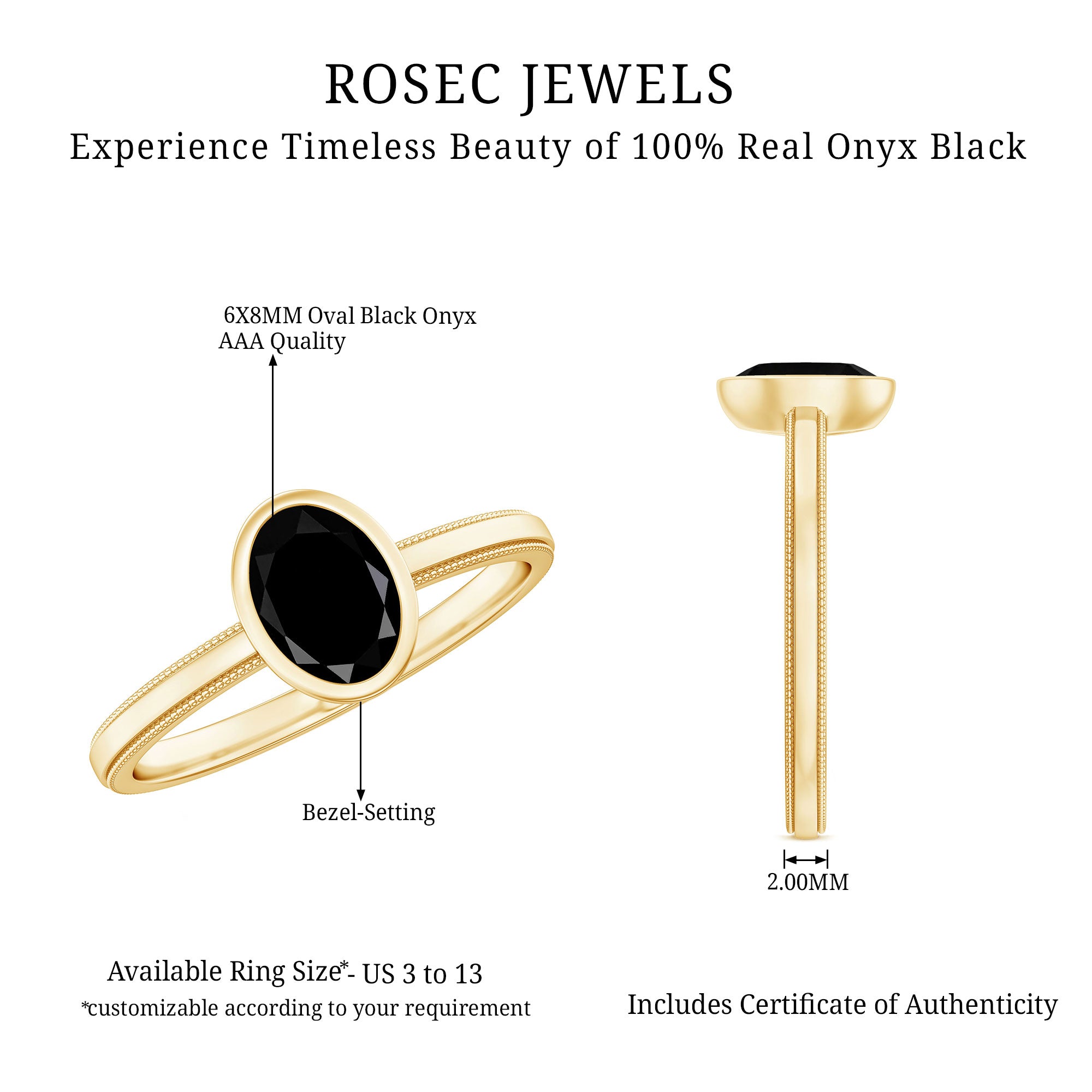 Simple Oval Cut Black Onyx Solitaire Ring in Bezel Setting AAA - Rosec Jewels