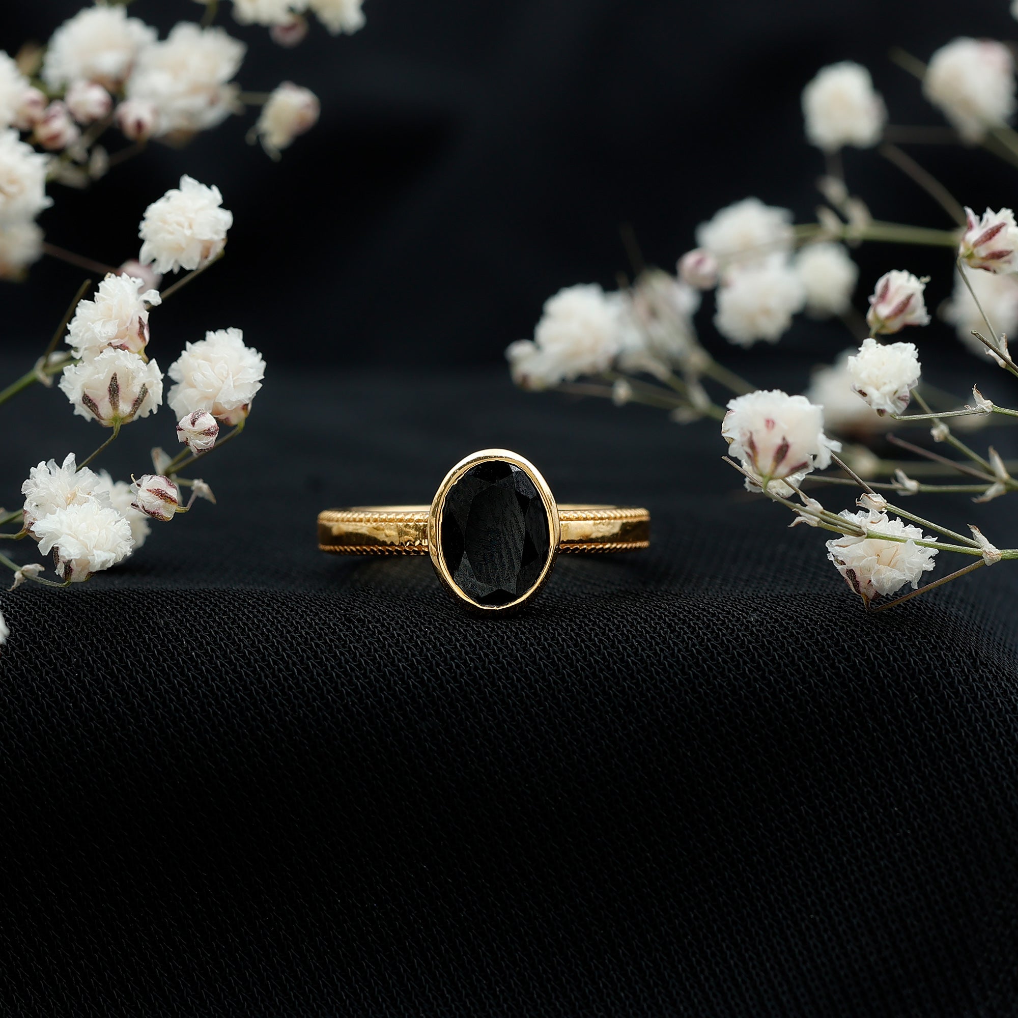 Simple Oval Cut Black Onyx Solitaire Ring in Bezel Setting AAA - Rosec Jewels