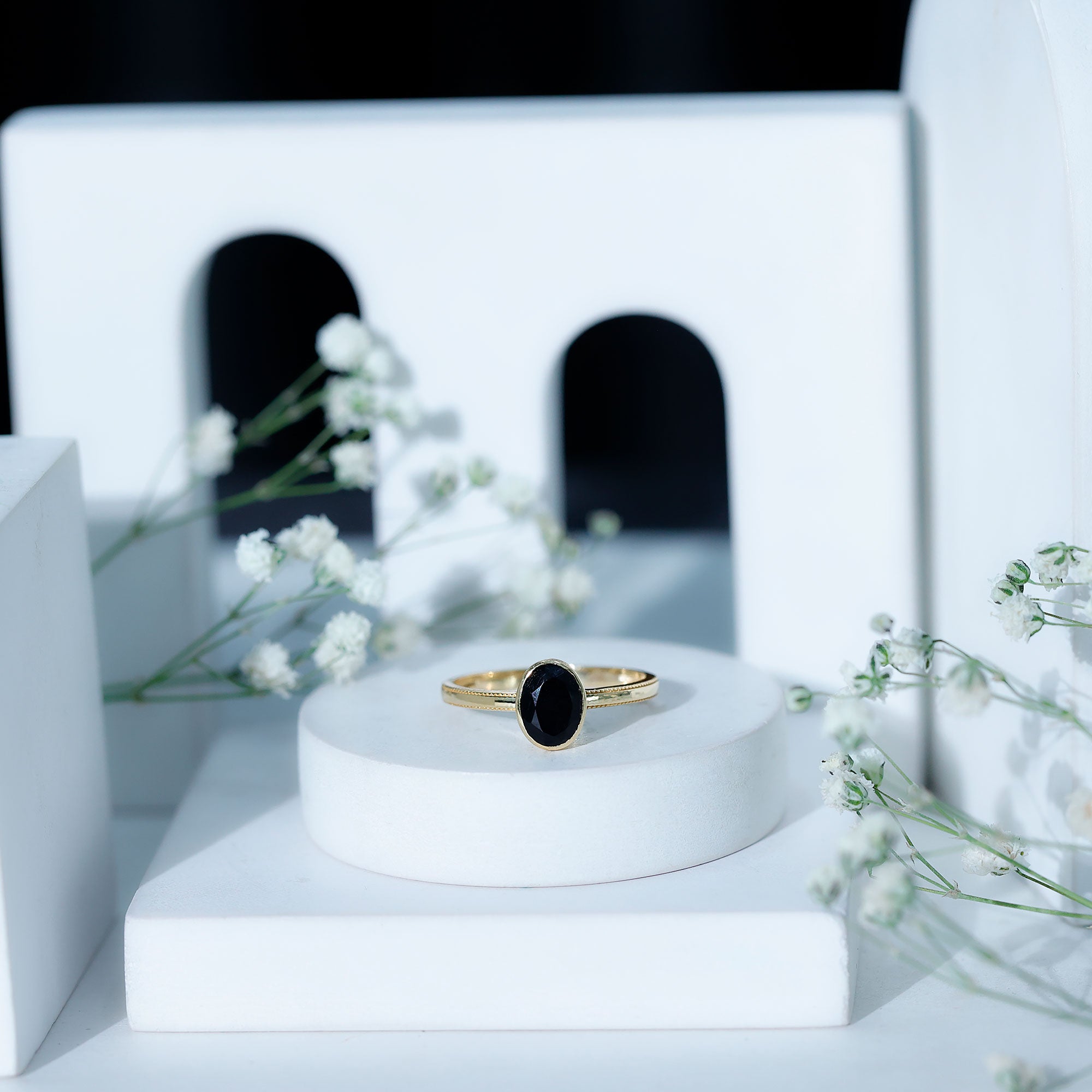Simple Oval Cut Black Onyx Solitaire Ring in Bezel Setting AAA - Rosec Jewels