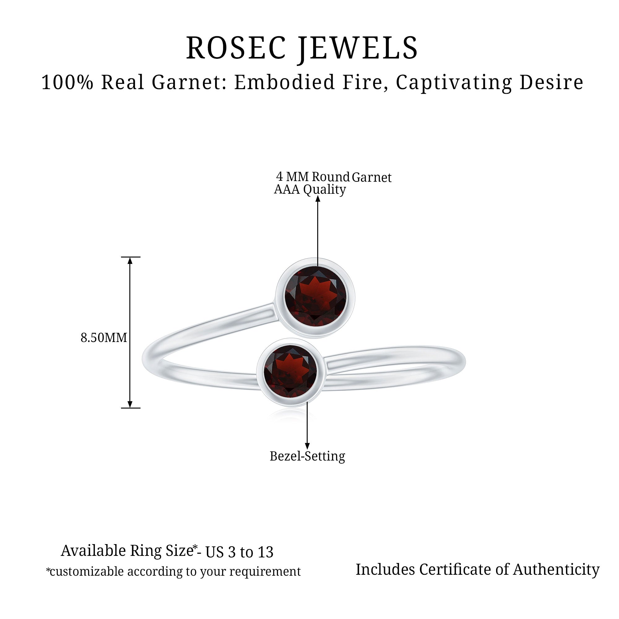 Natural Garnet 2 Stone Promise Ring with Bypass Shank AAA - Rosec Jewels