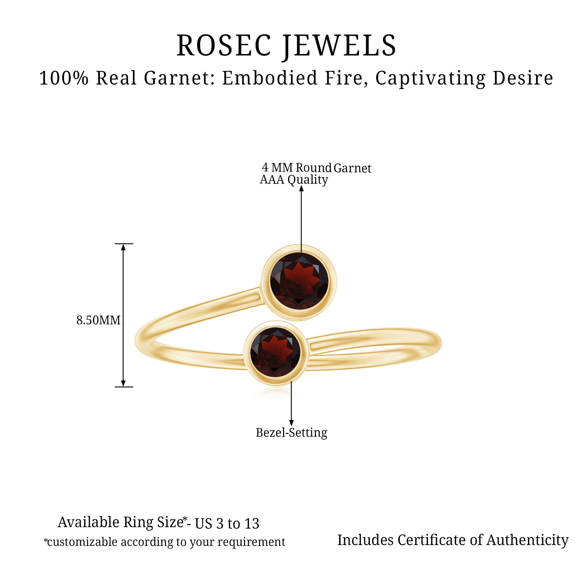 Natural Garnet 2 Stone Promise Ring with Bypass Shank AAA - Rosec Jewels