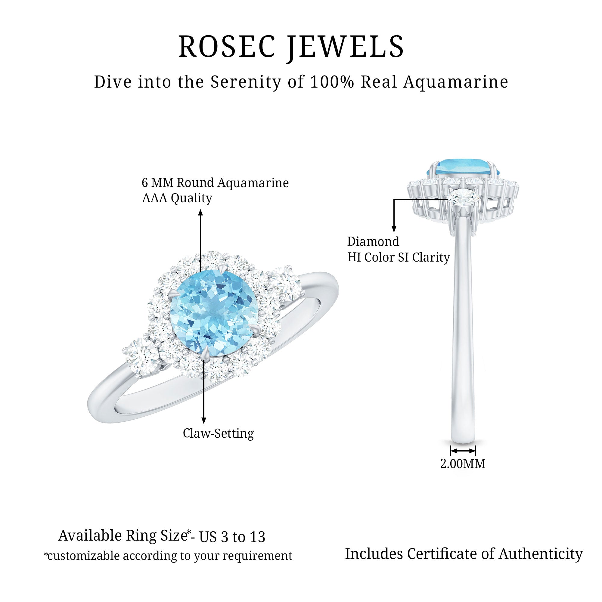 Rosec Jewels-Classic Aquamarine Engagement Ring with Diamond Halo