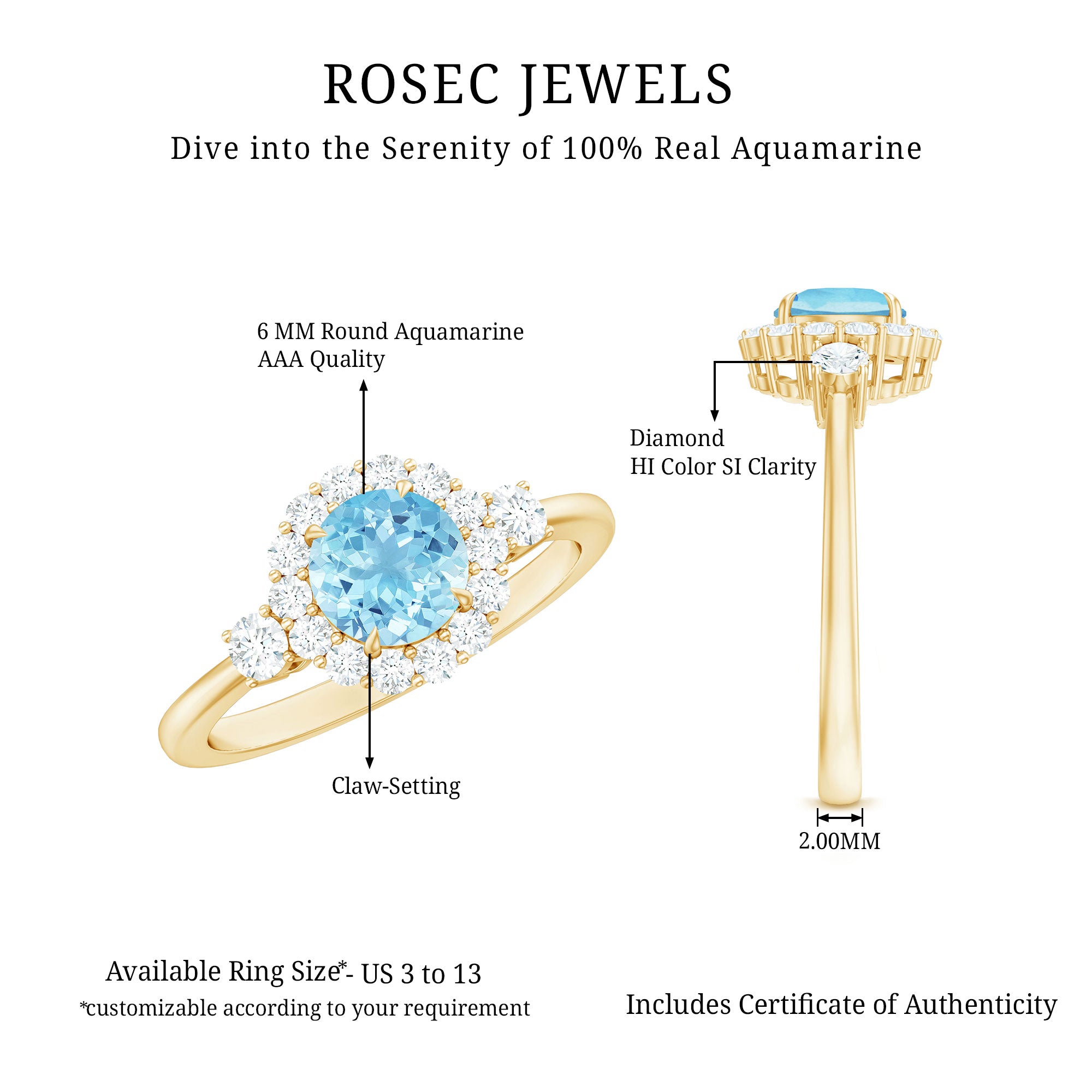 Rosec Jewels-Classic Aquamarine Engagement Ring with Diamond Halo