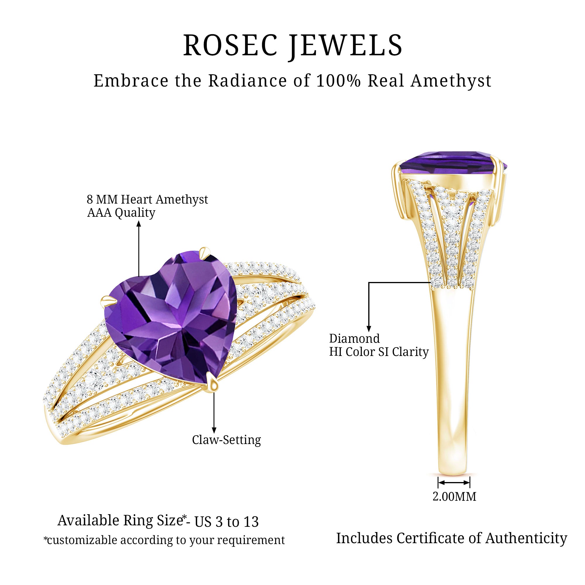 Natural 2 Carat Amethyst Heart Engagement Ring with Diamond Split Shank AAA - Rosec Jewels
