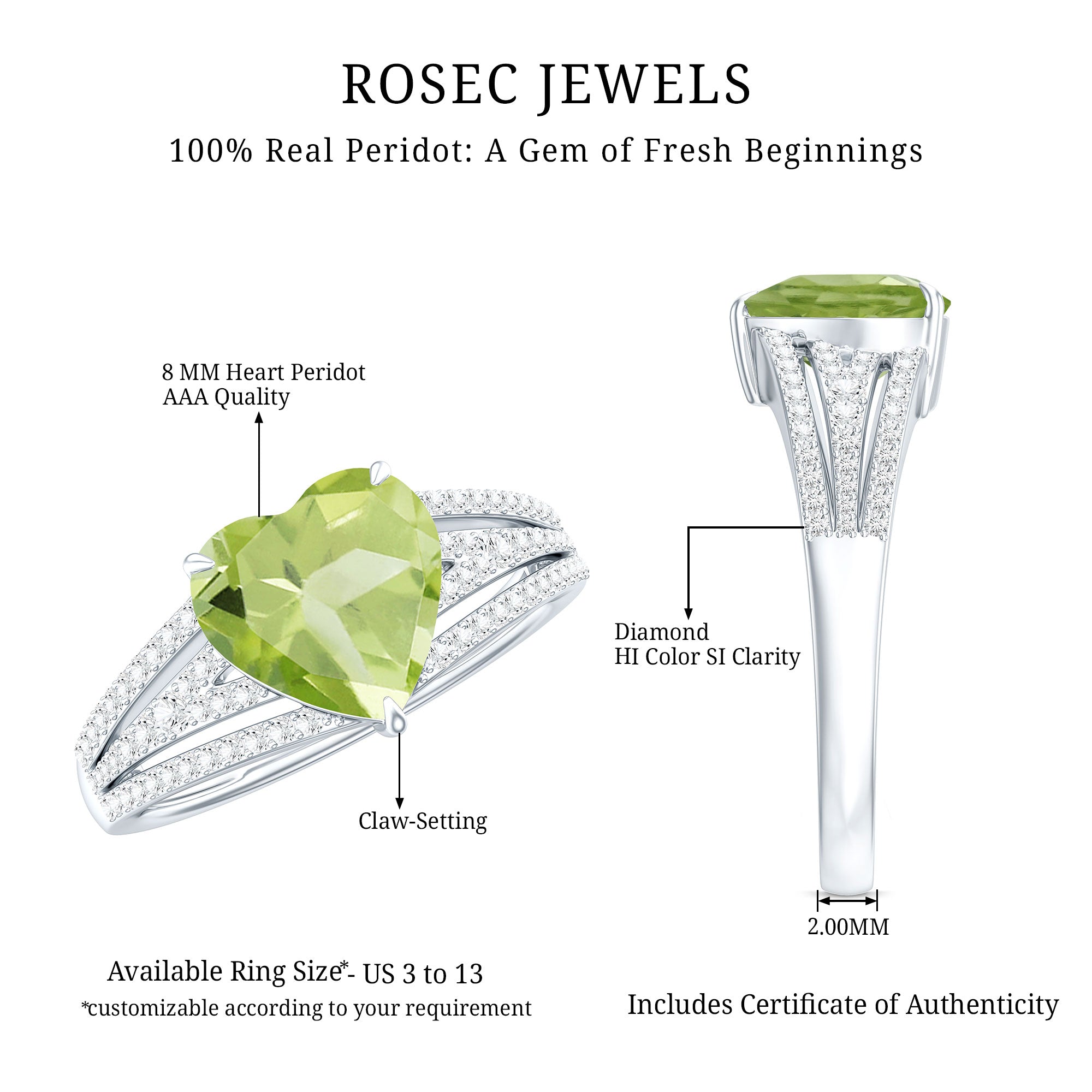 Natural 2 Carat Peridot Heart Engagement Ring with Diamond AAA - Rosec Jewels