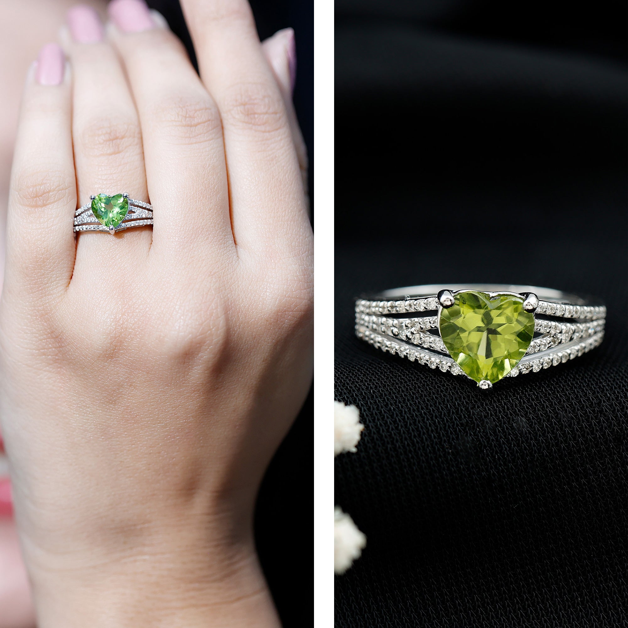 Natural 2 Carat Peridot Heart Engagement Ring with Diamond AAA - Rosec Jewels