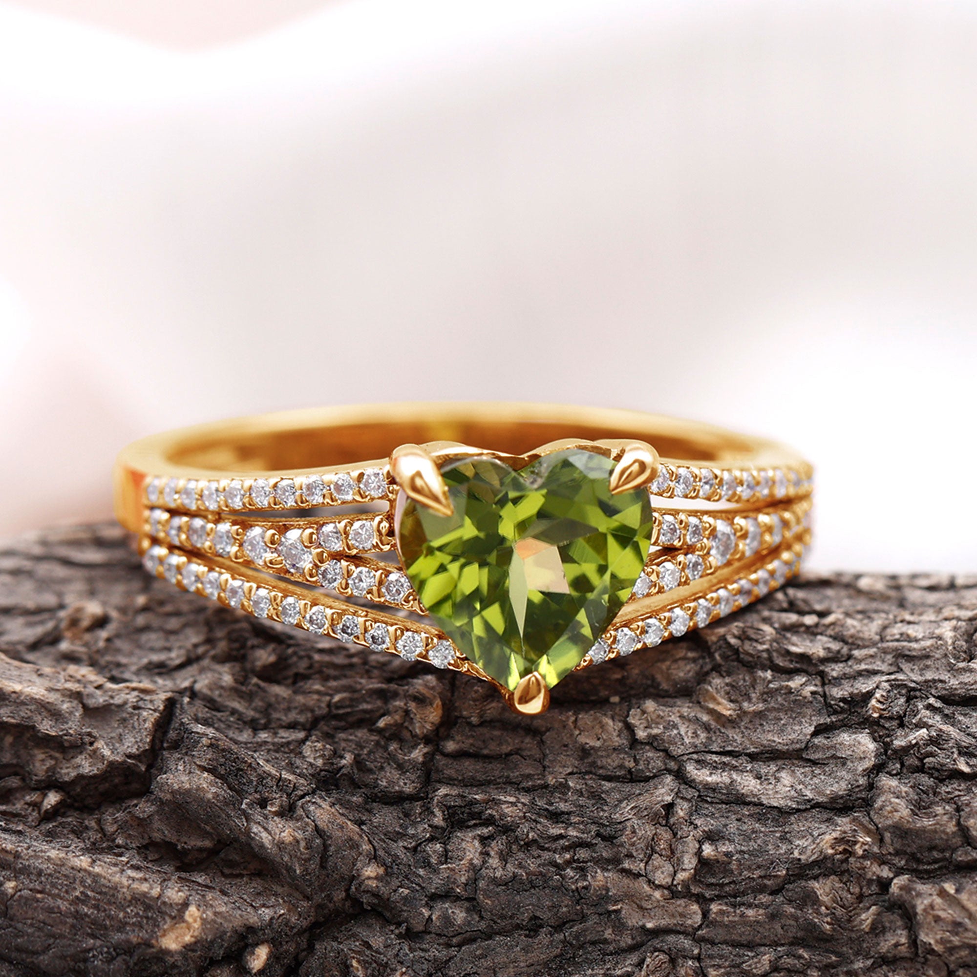 Natural 2 Carat Peridot Heart Engagement Ring with Diamond AAA - Rosec Jewels