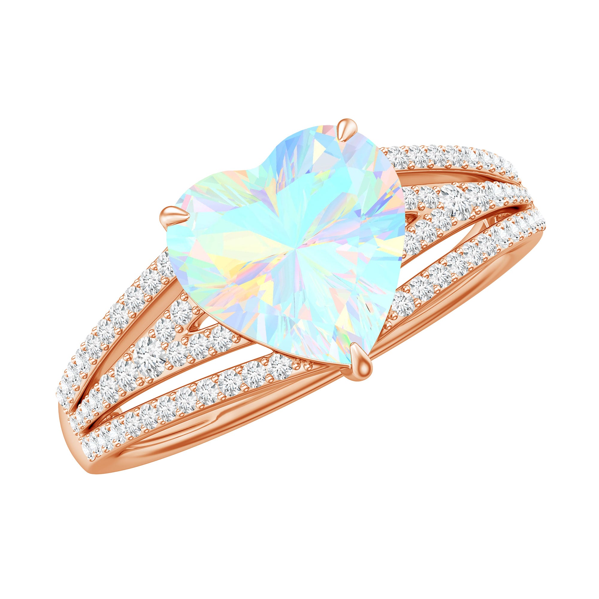 Designer Ethiopian Opal Heart Engagement Ring with Diamond Split Shank AAA - Rosec Jewels